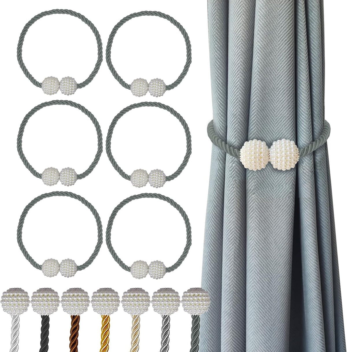 Hion Magnetic Curtain Tiebacks Gray Blue 6 Pack, Curtain Tiebacks Buckles Holdbacks Holders Hooks