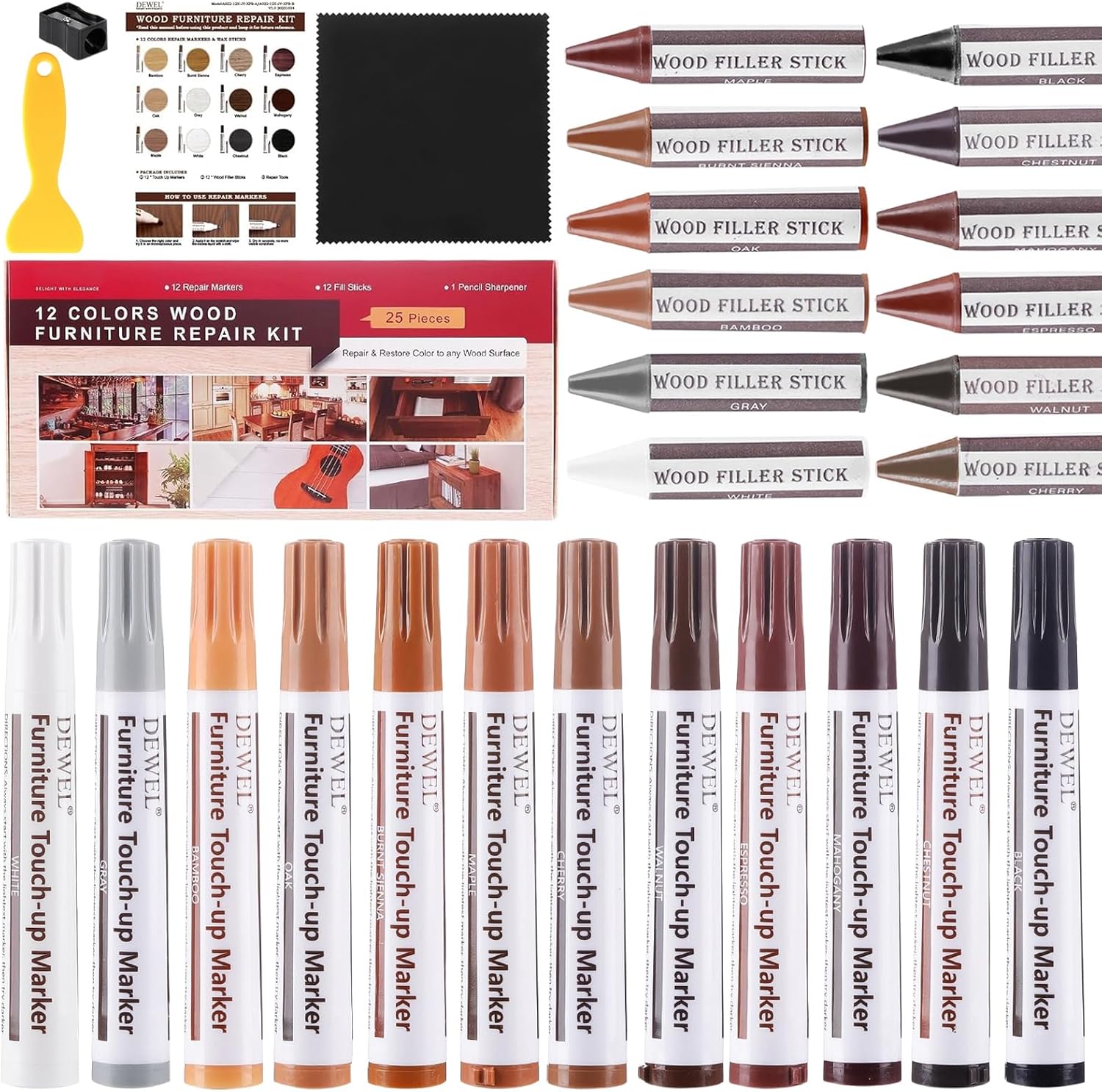 DEWEL Wood Furniture Markers & Filler Sticks Repair Kit, New Improved 12 Colors Touch Up Markers