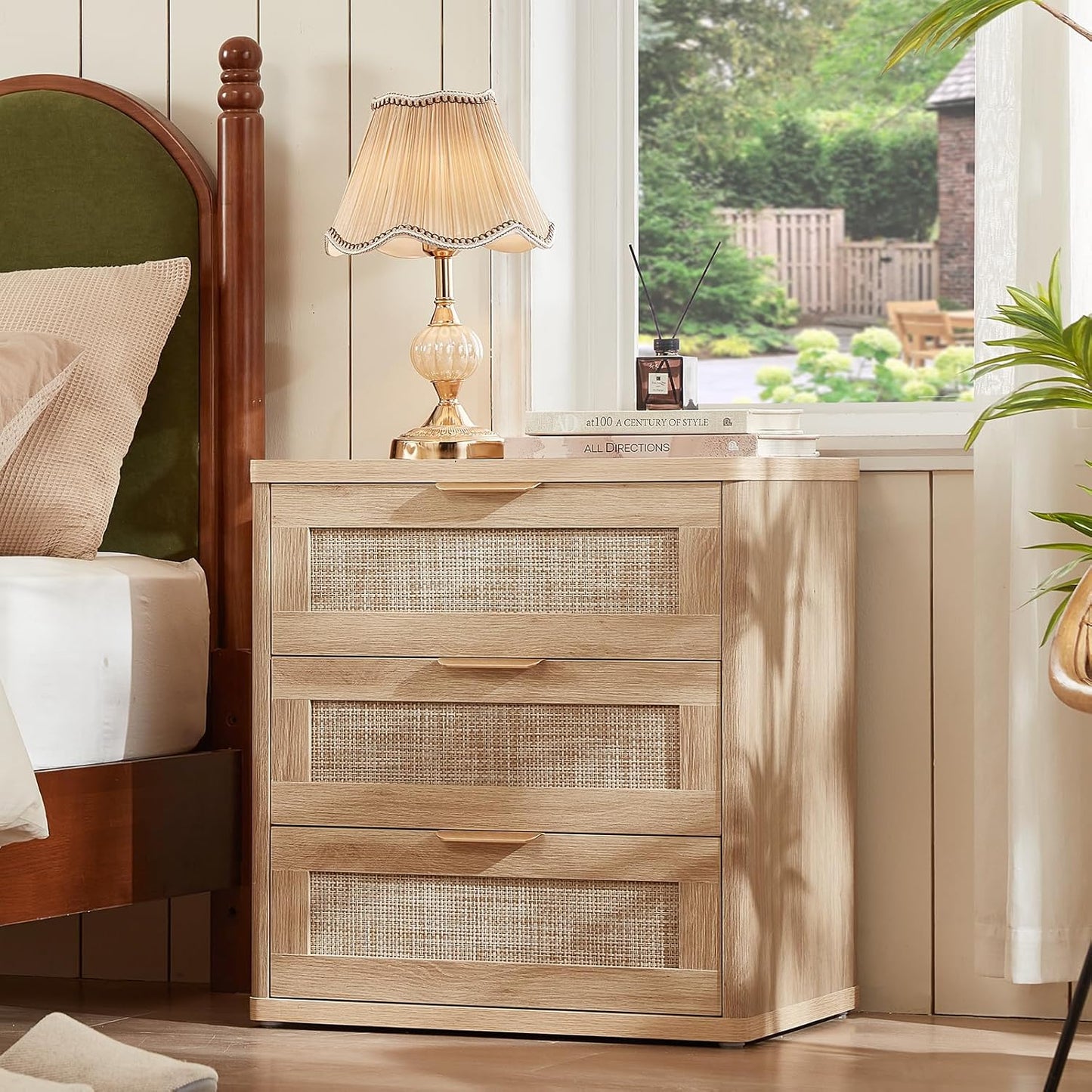 LEYAOYAO Rattan Night Stand with Drawers, 23" Large 3 Drawer Boho Nightstand, Natural Wood Bedside