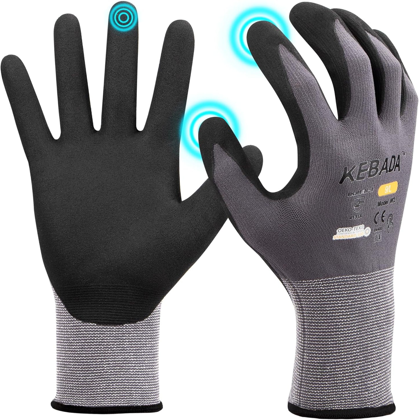 Kebada W2 Safety Work Gloves, Micro-Foam Nitrile Coated Gloves, Touchscreen,Ideal for Package