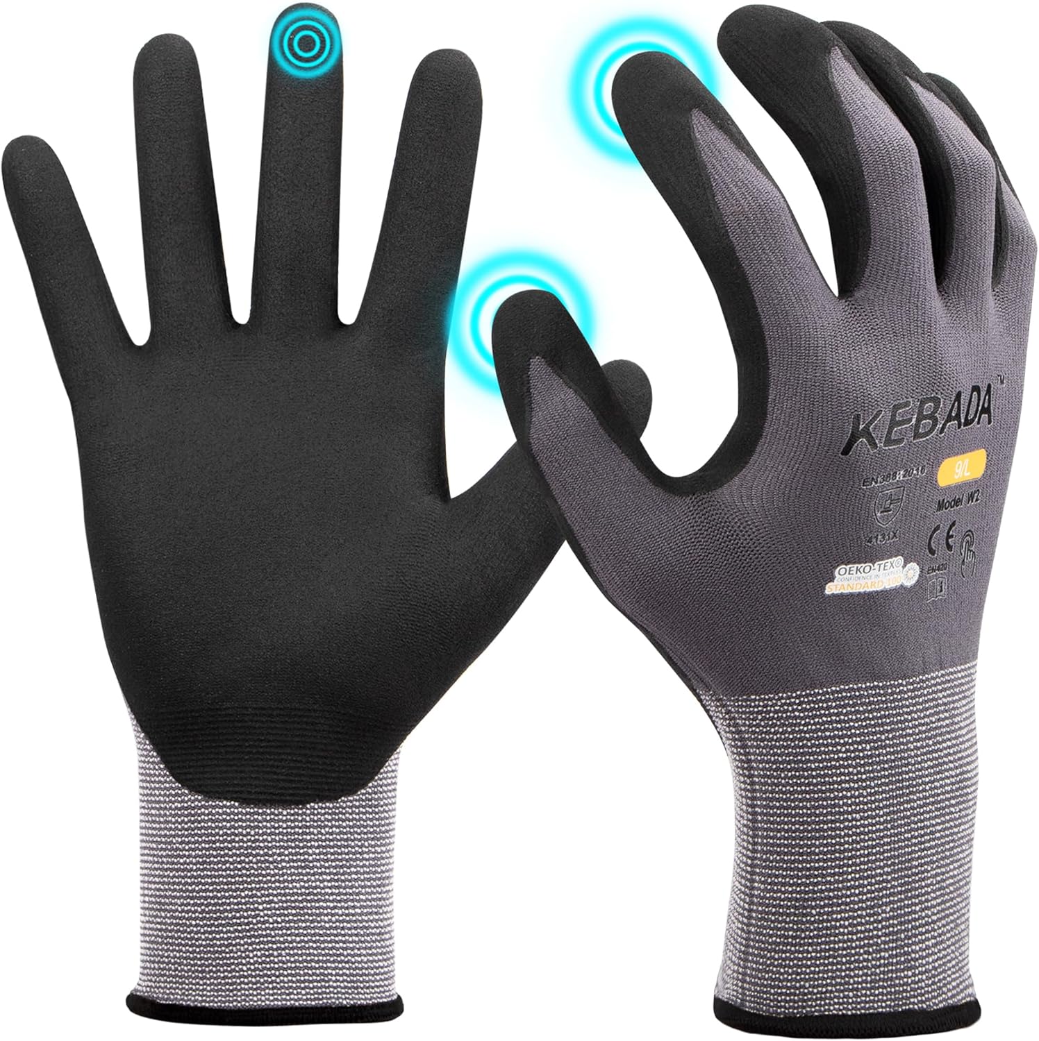 Kebada W2 Safety Work Gloves, Micro-Foam Nitrile Coated Gloves, Touchscreen,Ideal for Package