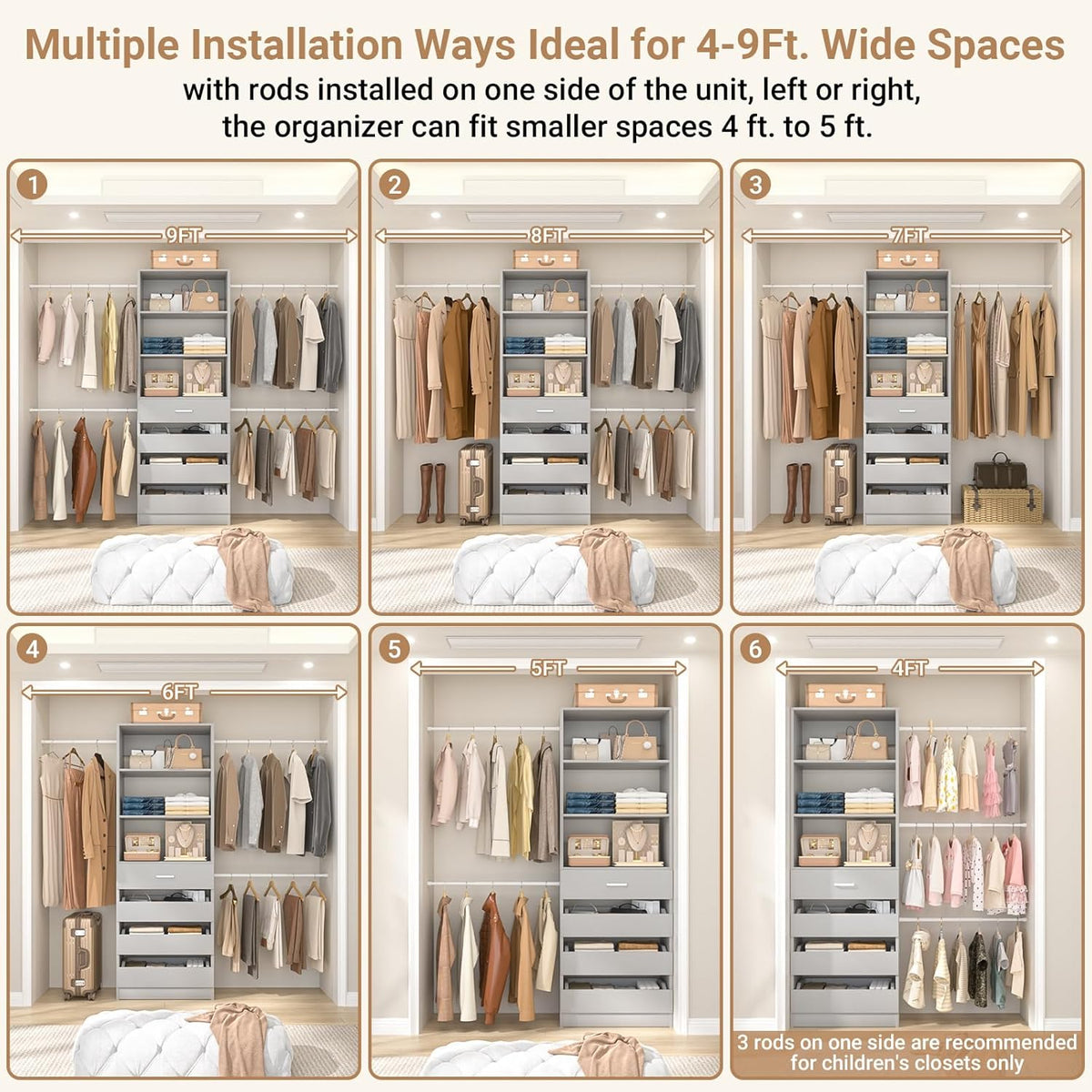 Aheaplus Closet System, 4-9Ft Closet Organizer with 4 Wooden Drawers, Wood Closet Organizer System