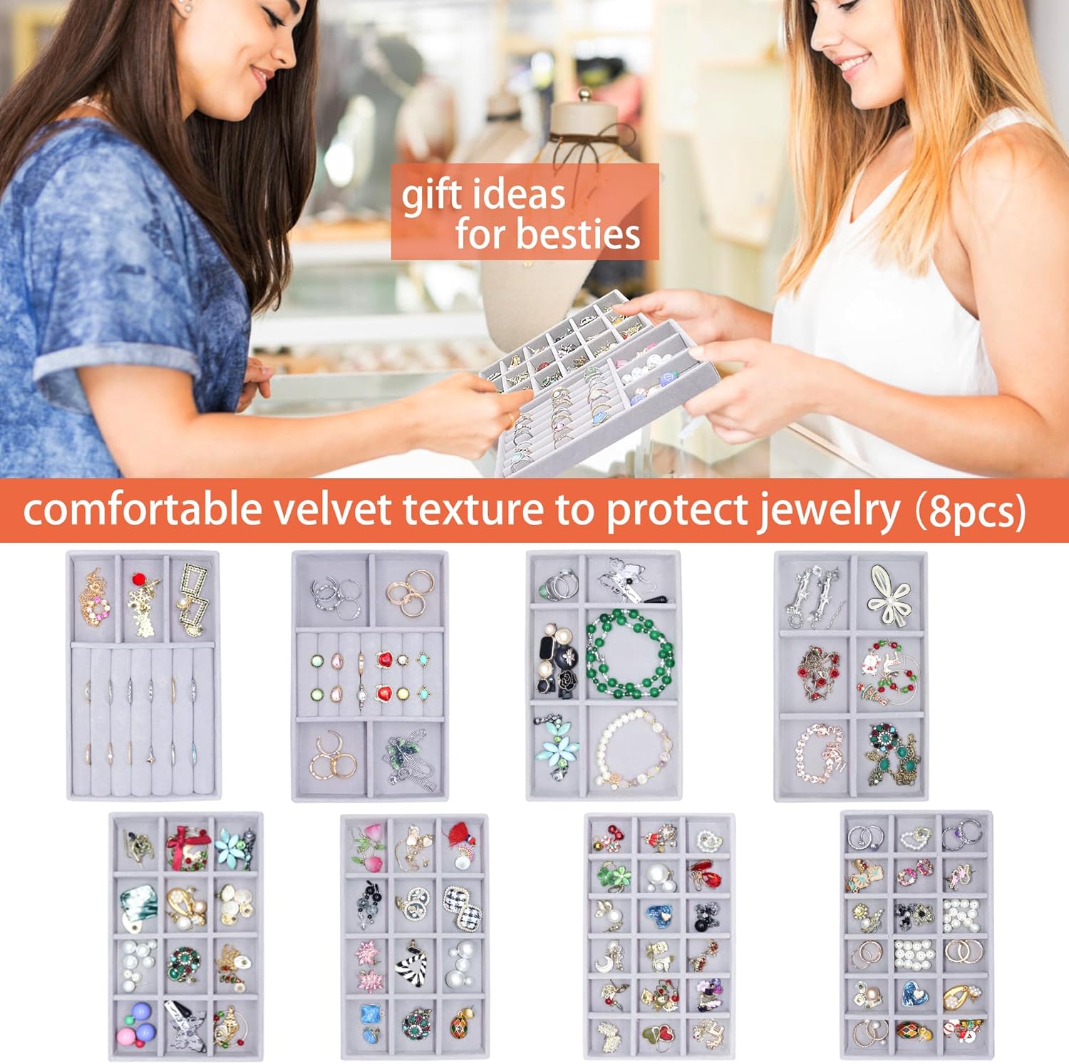 Jewelry Storage 8PACK, Velvet Jewelry Organizer Trays, 4PCS Stackable Jewelry Tray for Drawers