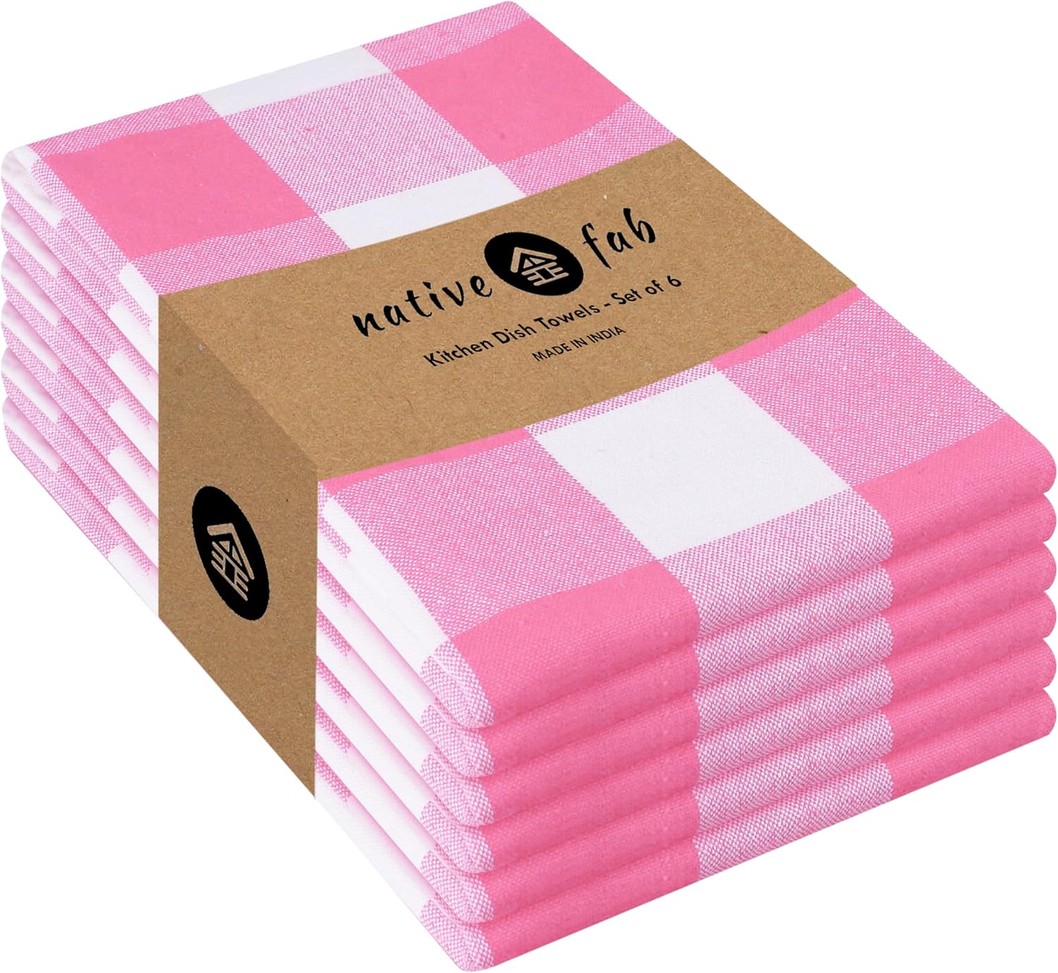 Native Fab Pink Checked Kitchen Towels 16"x26" - 6 Pack Buffalo Plaid Cotton Dish Towels