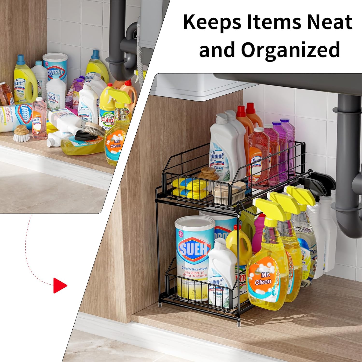 SUEH DESIGN Under Sink Organizers and Storage, 2 Tier Metal Under Sink Storage with Hanging Rail