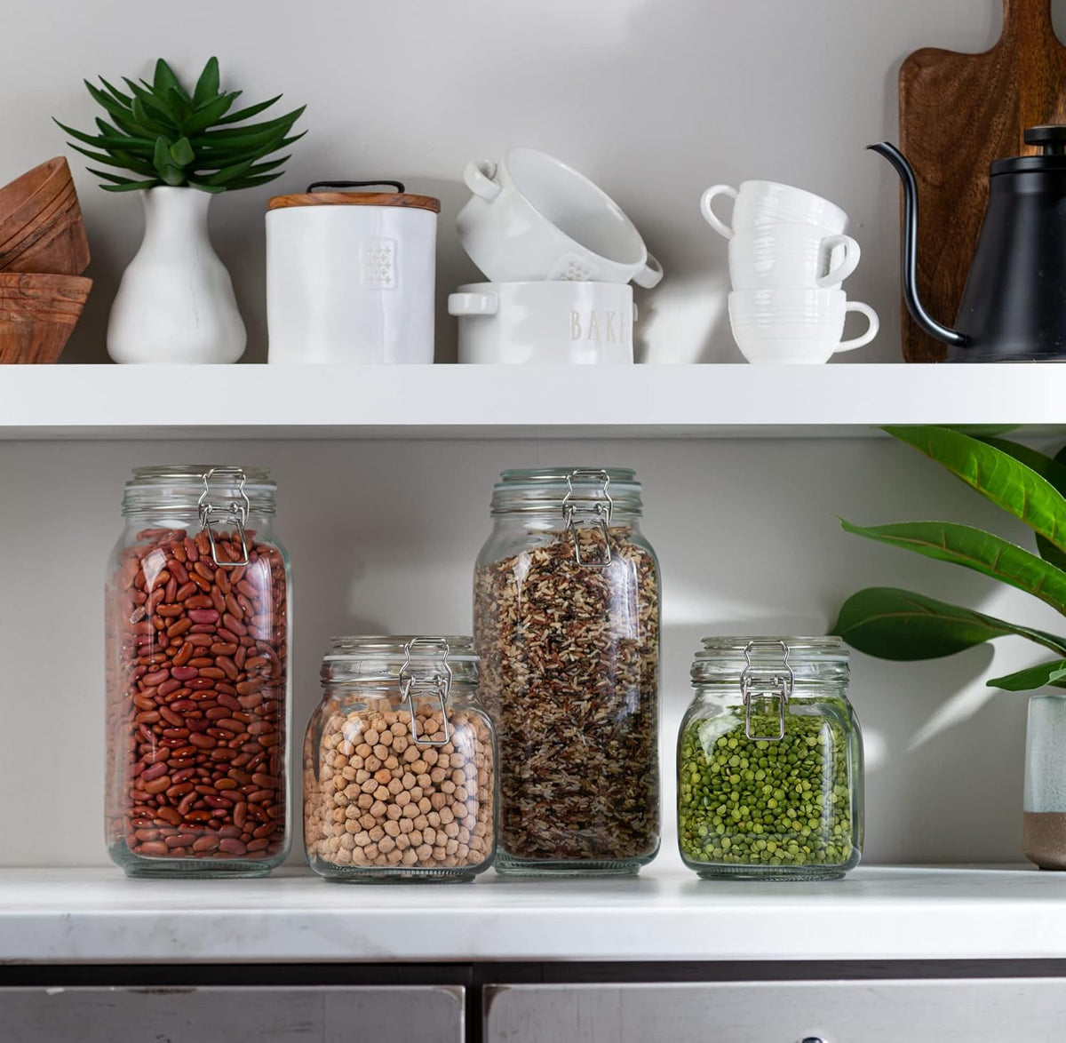 4 Glass Food Storage Jars with Airtight Lids + Chalkboard & Marker, Kitchen Canisters for Flour