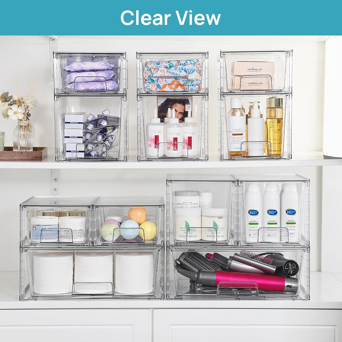 Vtopmart Clear Stackable Storage Drawers Set of 5, Easily Assemble Acrylic Bathroom Undersink