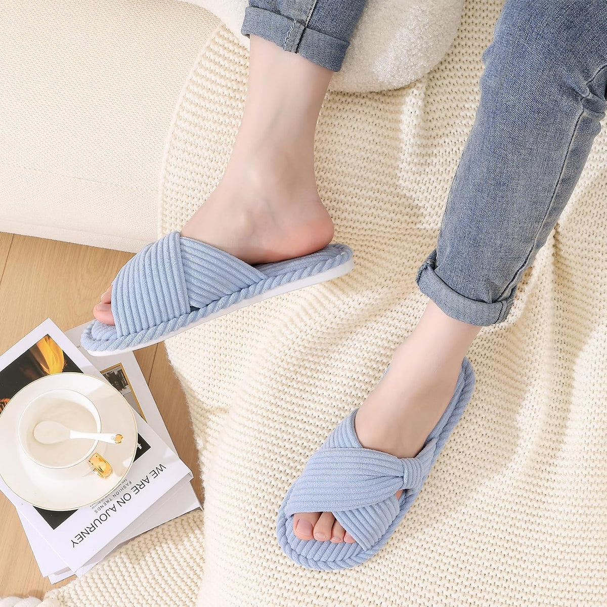 Evshine Summer House Slippers for Women Corduroy Cross Bow Indoor Slippers Open Toe Slip On Bedroom