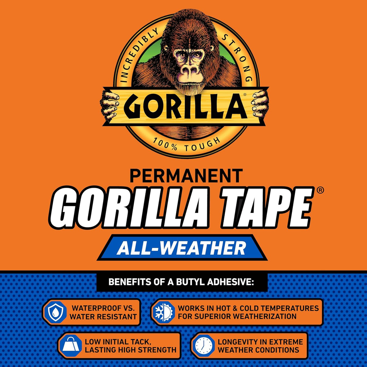 Gorilla All Weather Duct Tape, Black, 1.88" x 25 yd | UV Resistant | Waterproof | For Outdoor