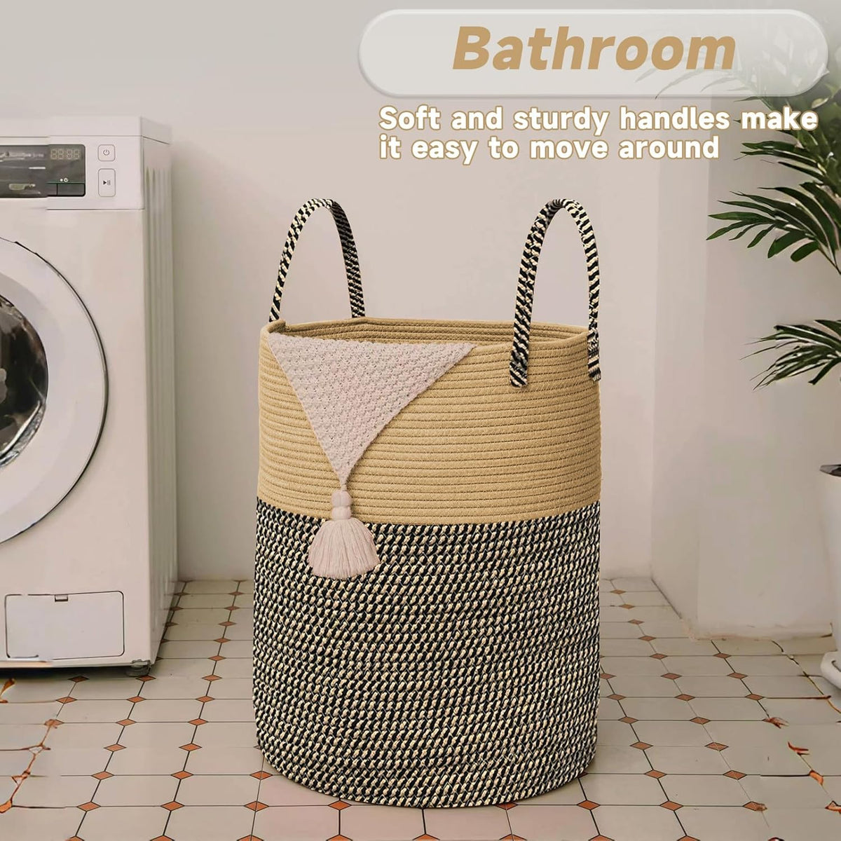 Large Woven Laundry Basket Hamper,60L Cotton Rope Storage Bin for Blankets,Toys and