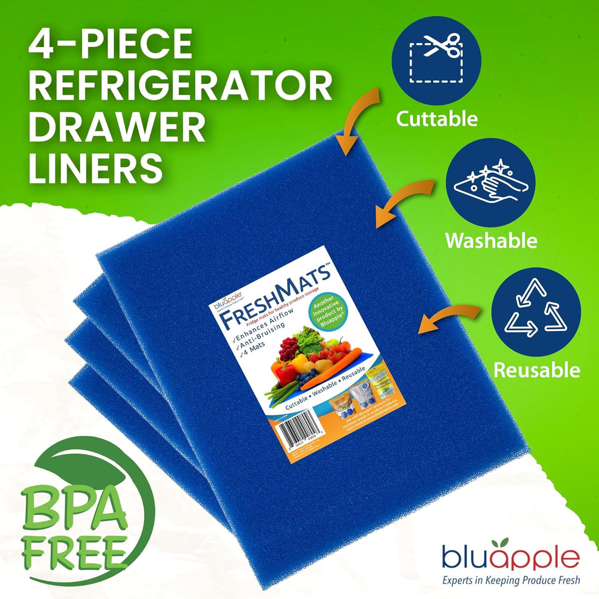 Bluapple FreshMats, Refrigerator Bin Liner, Fridge Drawer Mats, Crisper Life Extender Liner Keeps