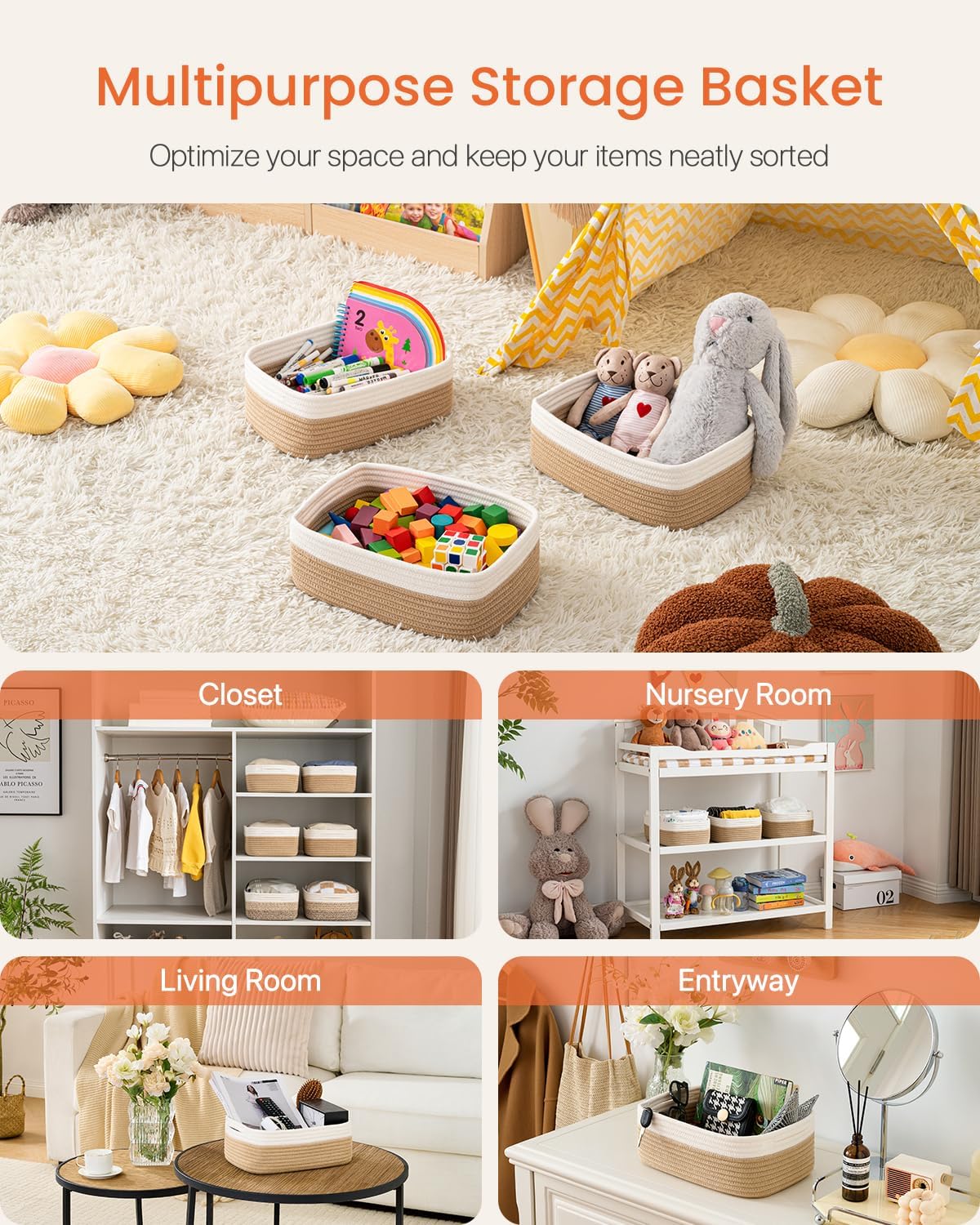 Small Woven Basket, 13.5 x 9.5 x 5 Inches, Storage Basket for Organizing, Cute Small Rope Shelf