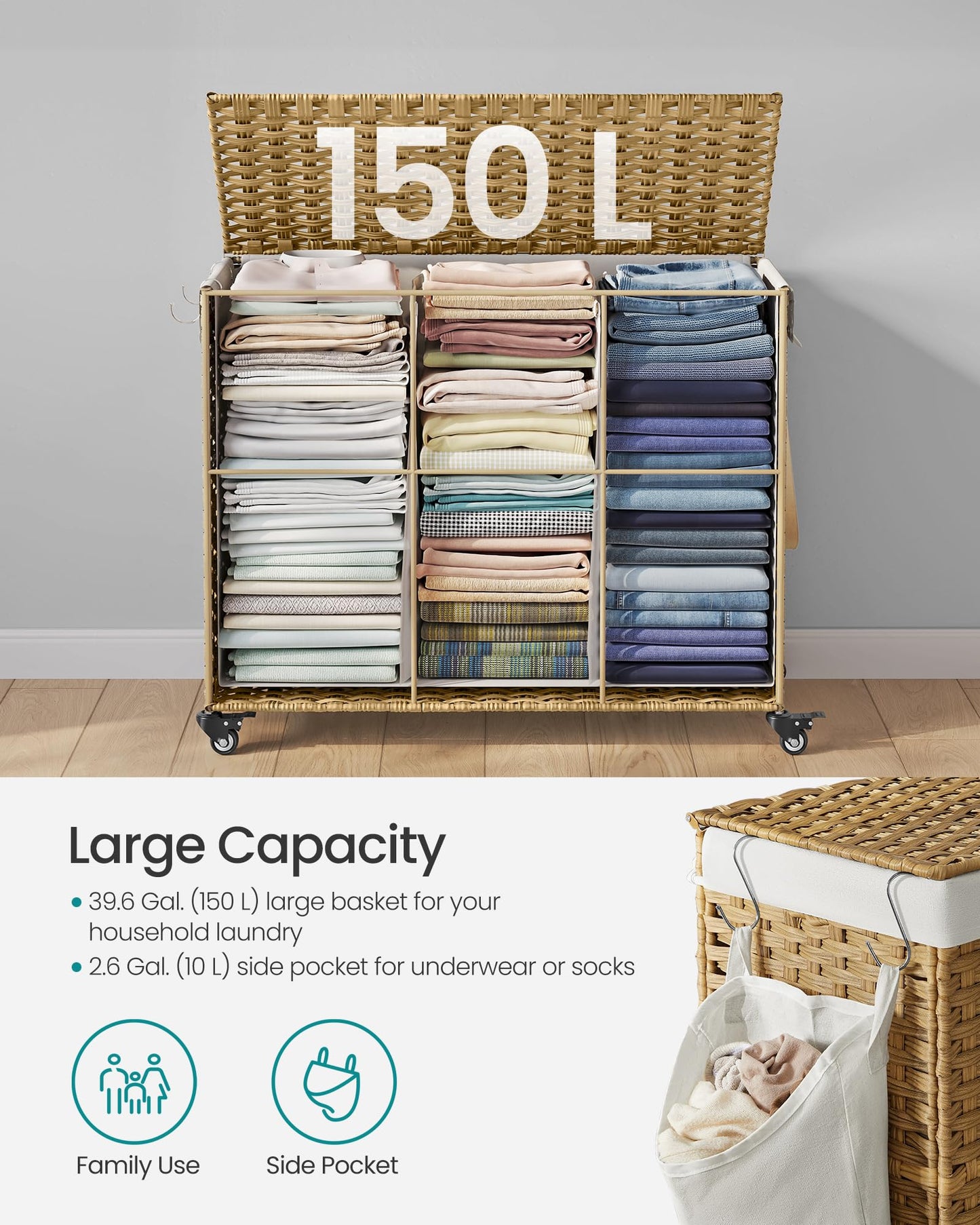 SONGMICS Laundry Hamper with Lid, 42.3 Gallons (160 L), Rolling Laundry Basket with Wheels