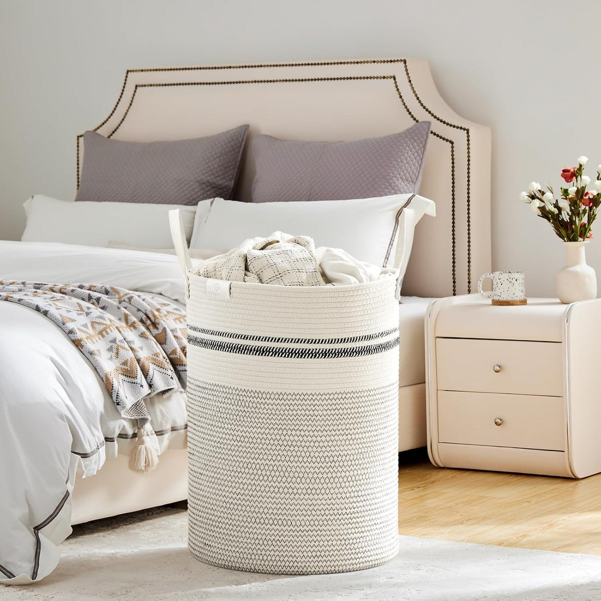 VIPOSCO Tall Laundry Basket, Large Dirty Clothes Hamper with Leather Handle, Woven Rope Storage