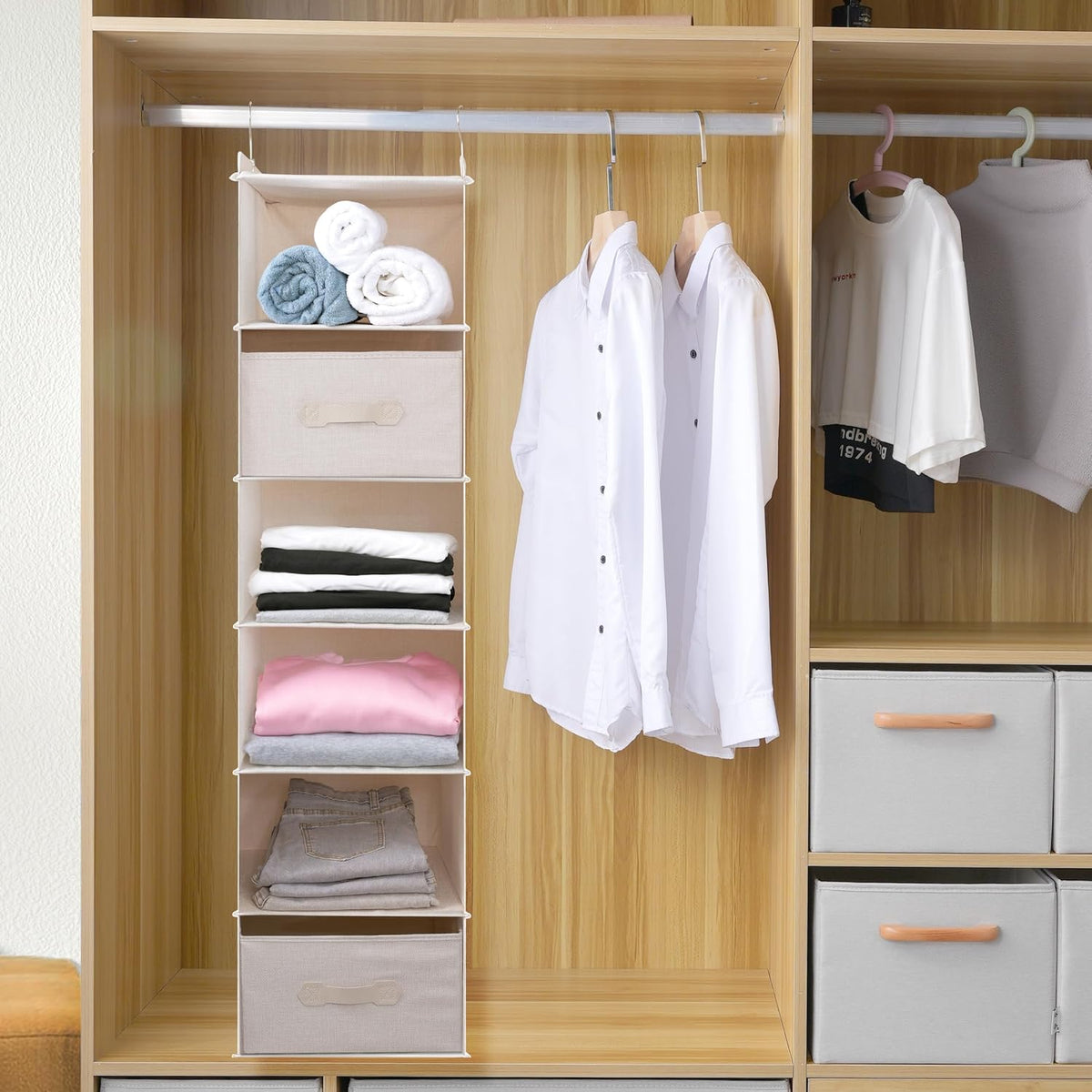 Large Hanging Sweater Organizer for Closet,Collapsible 6-Shelf Hanging Closet Shelves with Drawers