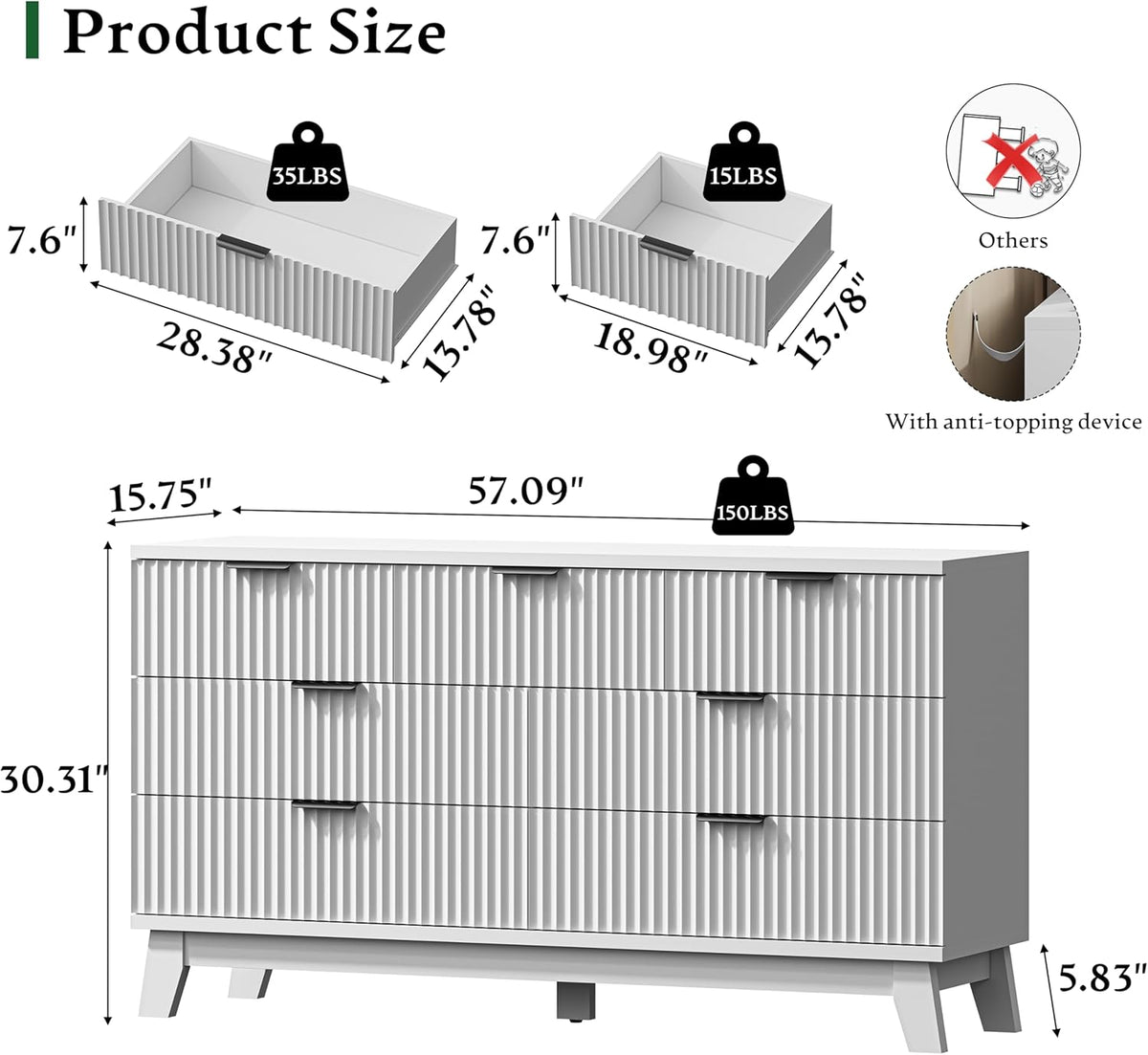 Fluted Dresser with 7 Drawers, 58" Wide Modern Chest of Drawers with Metal Handle, Wooden Dresser