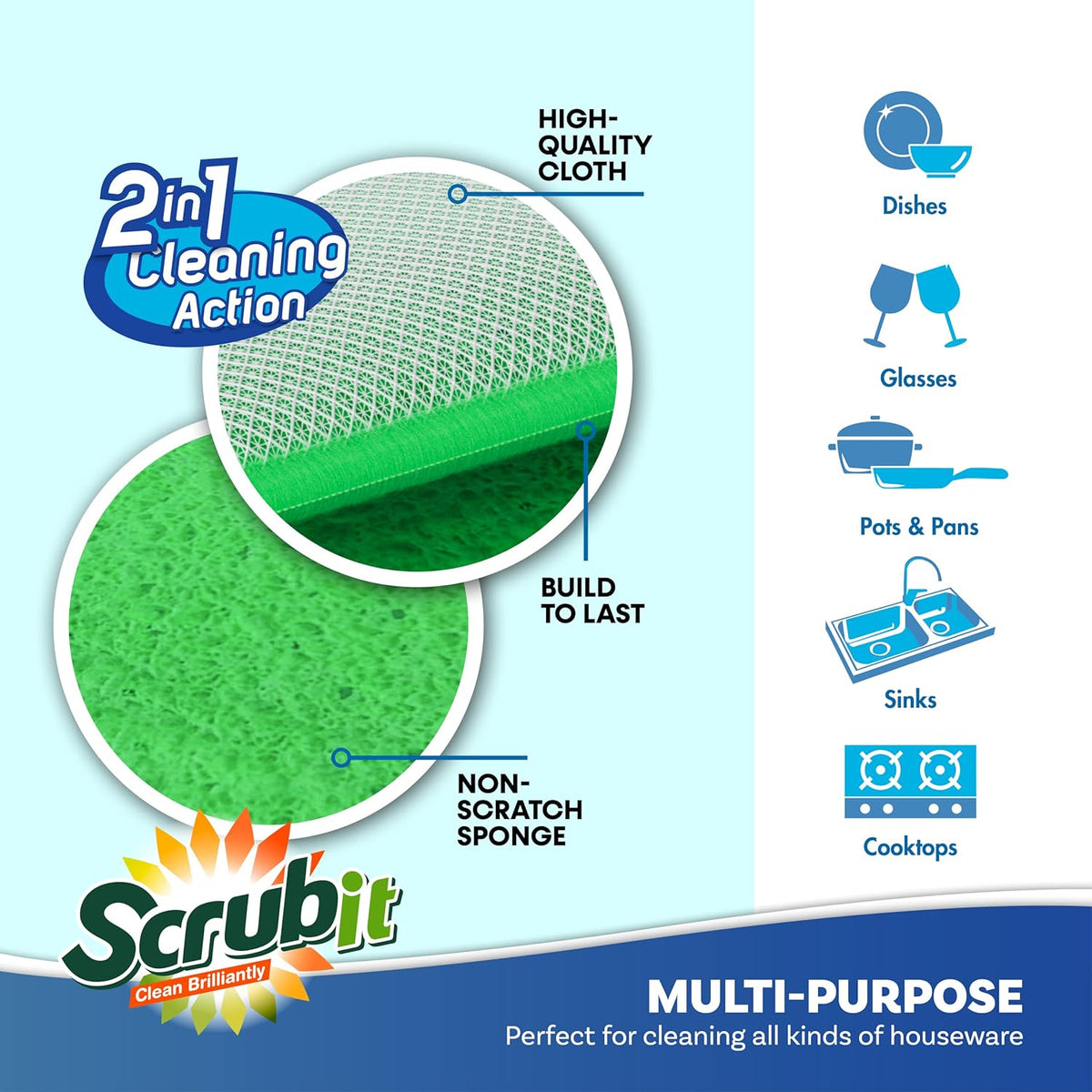 Scrub and Wipe Cleaning Pads [10 Pack] – SCRUBIT Dual Sided Scouring Pad and Sponge - Reusable