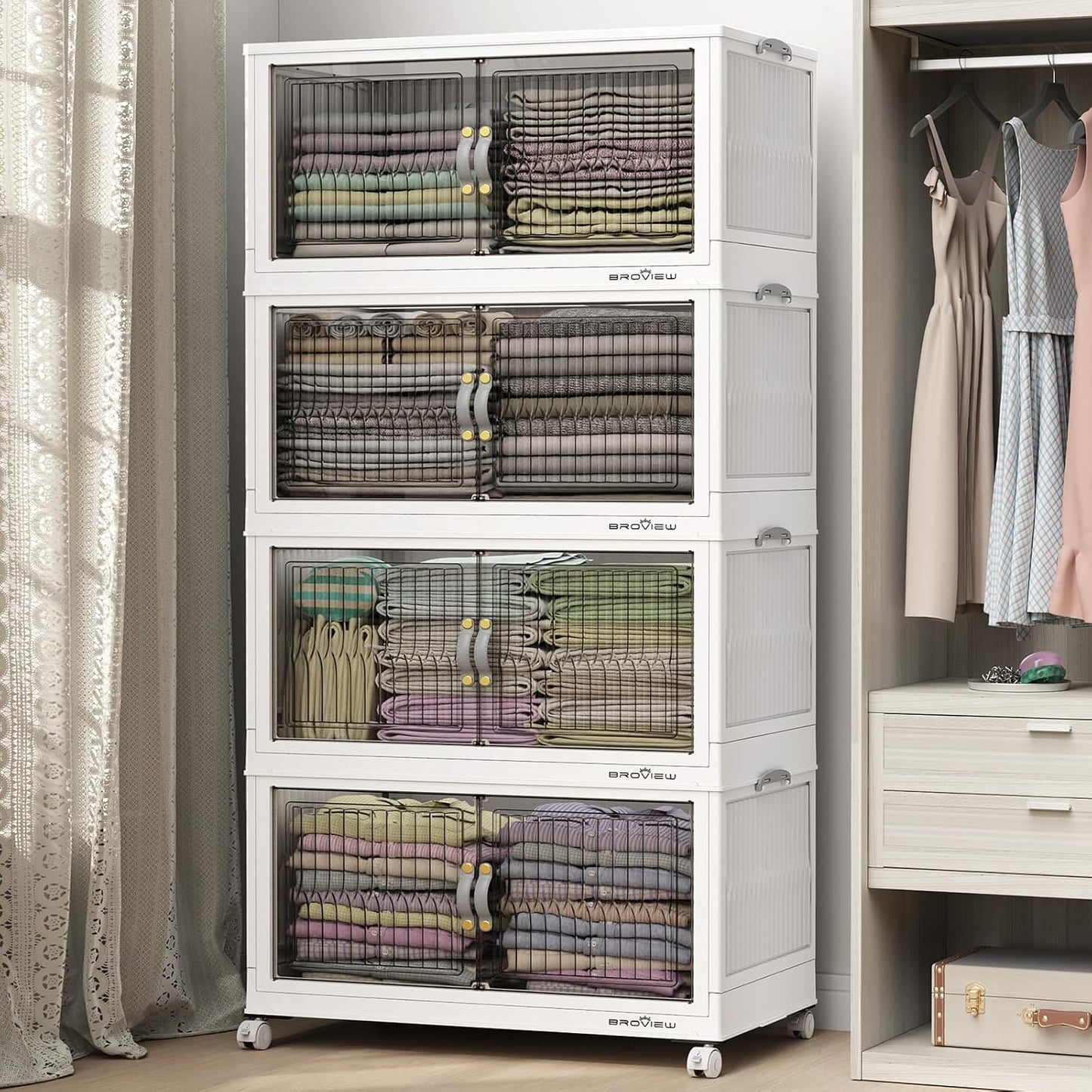 BROVIEW 480Qt Stackable Storage Bins with Lid, Extra Large Closet Organizer Collapsible Drawer