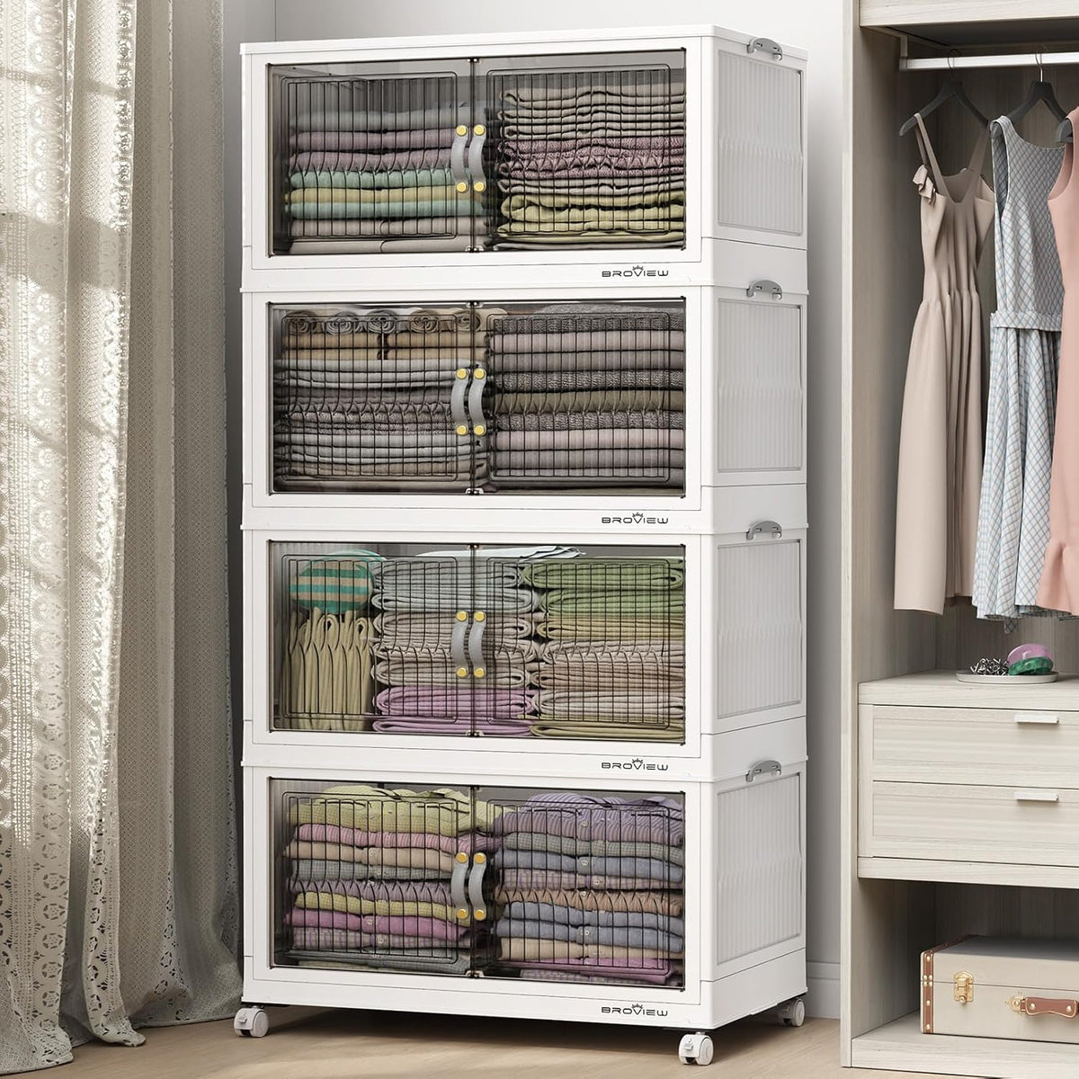 BROVIEW 480Qt Stackable Storage Bins with Lid, Extra Large Closet Organizer Collapsible Drawer