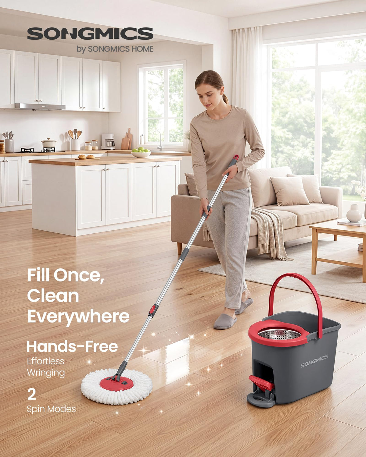 SONGMICS Spin Mop and Bucket Set with Pedal Wringer, Floor Cleaning Mop, Adjustable Telescopic