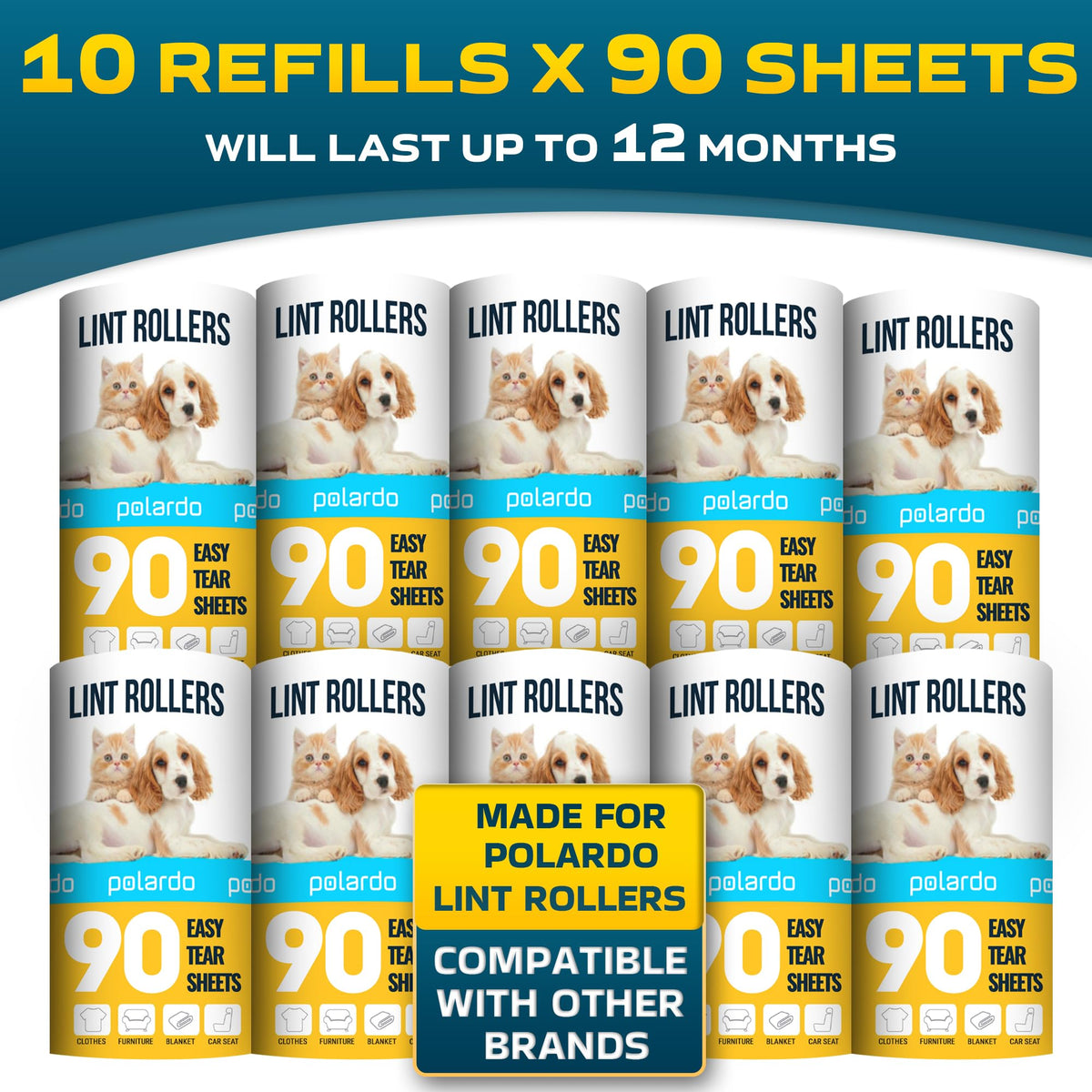 Lint Rollers 900 Sticky Sheets, 10 Spare Rollers,10 Pack of Refills Only. Pet Hair Remover for