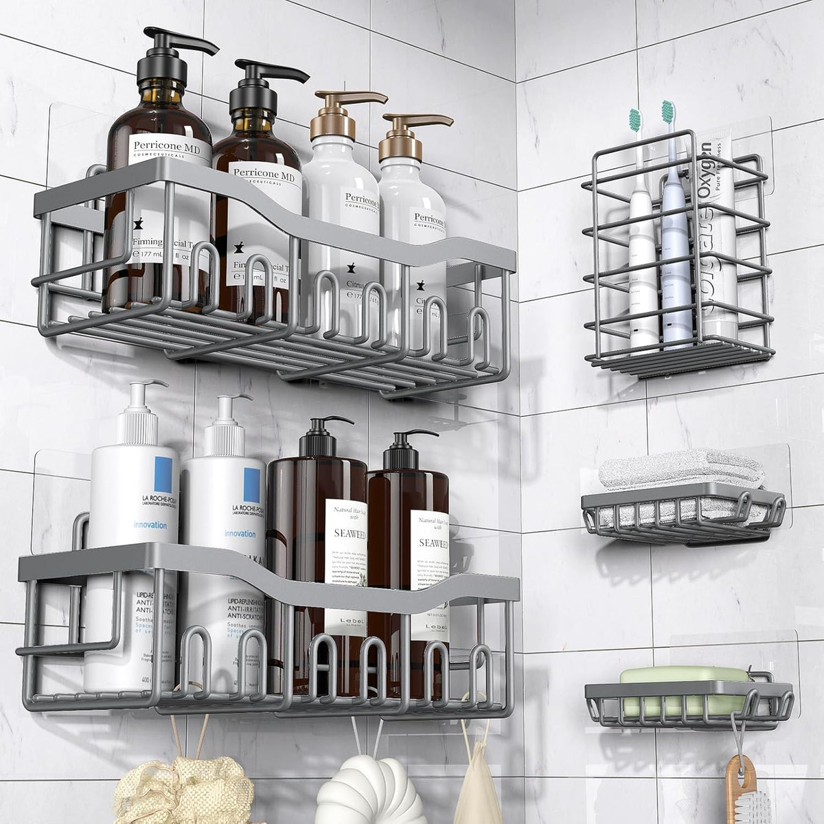 EUDELE 5-Pack Rustproof Stainless Steel Shower Caddy – No Drill Adhesive Bathroom Organizer with