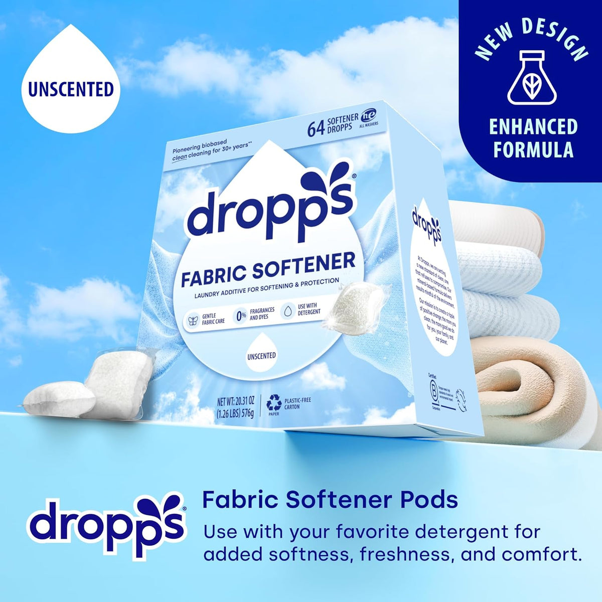 Dropps Laundry Fabric Softener Pods, Unscented (64 Count) - Fabric Softener Liquid Pods for Fluffy