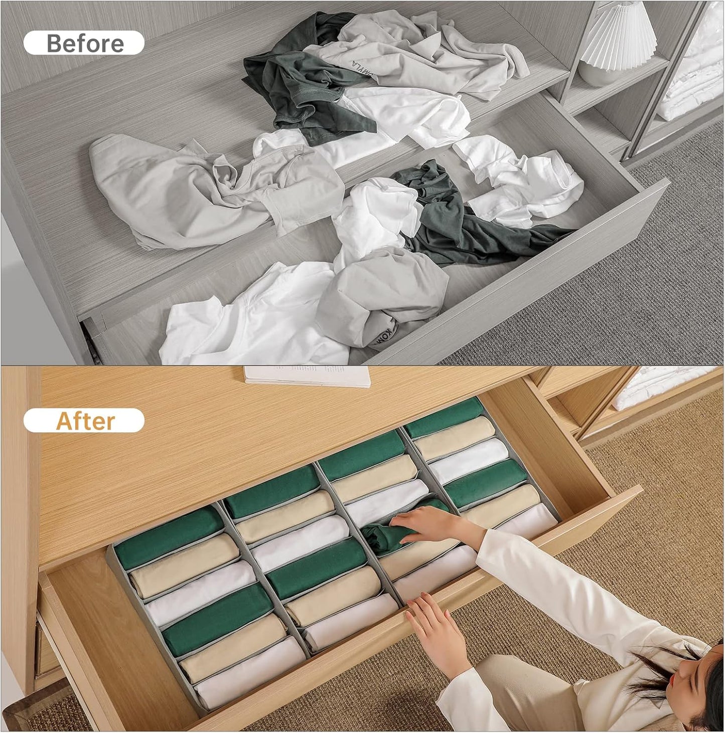 4 Packs T-shirt Drawer Organizers for Clothing,6 Grids Compartment Wardrobe Storage Box, Washable