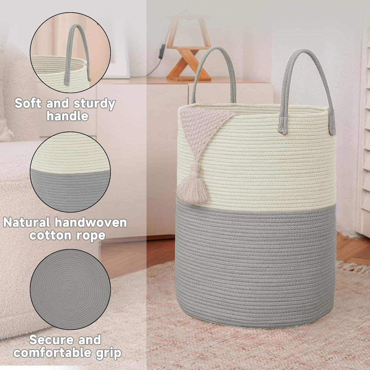 Large Woven Laundry Basket Hamper,100L Cotton Rope Storage Bin for Blankets,Toys and