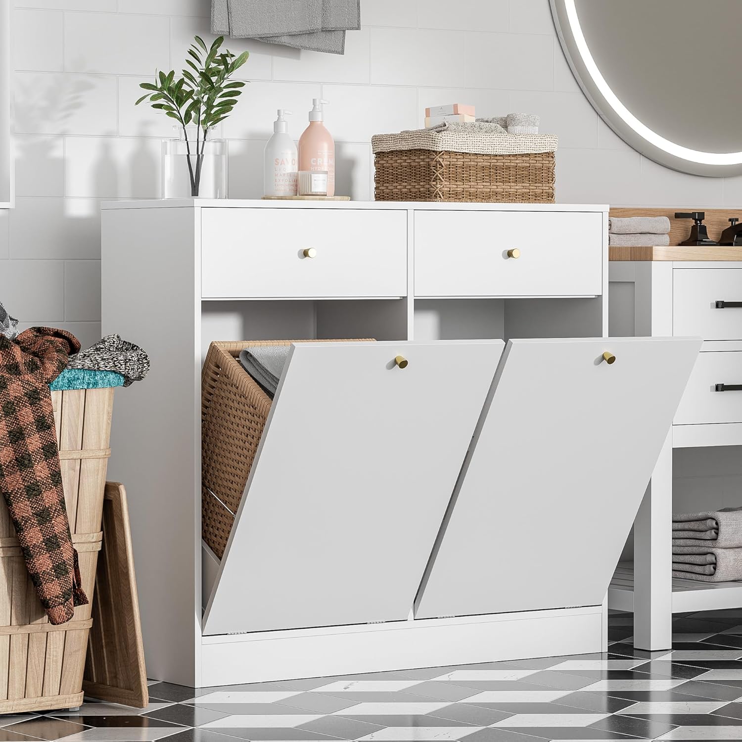 Double Tilt Out Trash Can Cabinet with 2 Drawers, Trash Storage Cabinet, Hidden Garbage Bin, Free