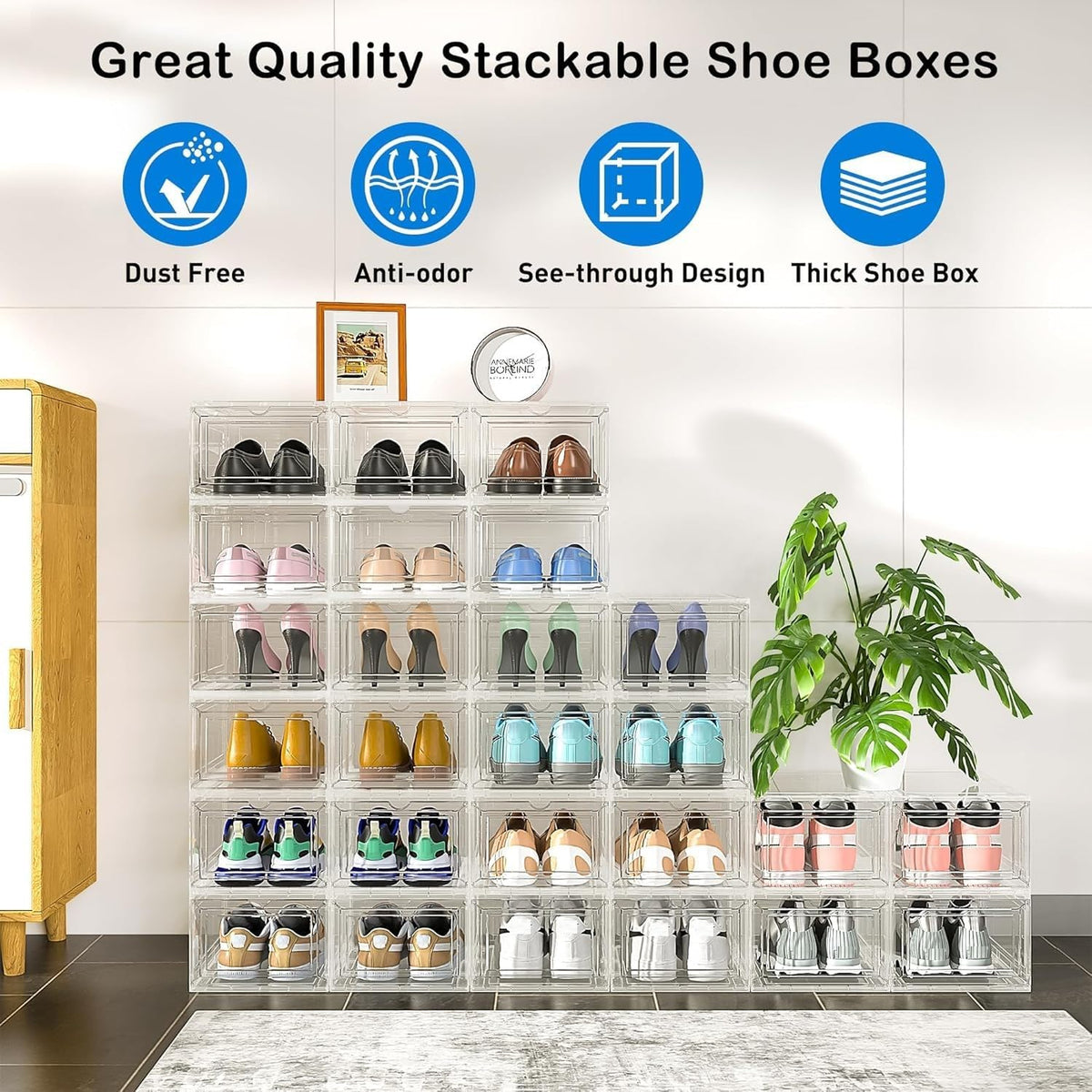 Mitees 10 Pack XX Large Thicken Sturdy Hard Plastic Clear Stackable Shoe Storage Boxes for Size 12