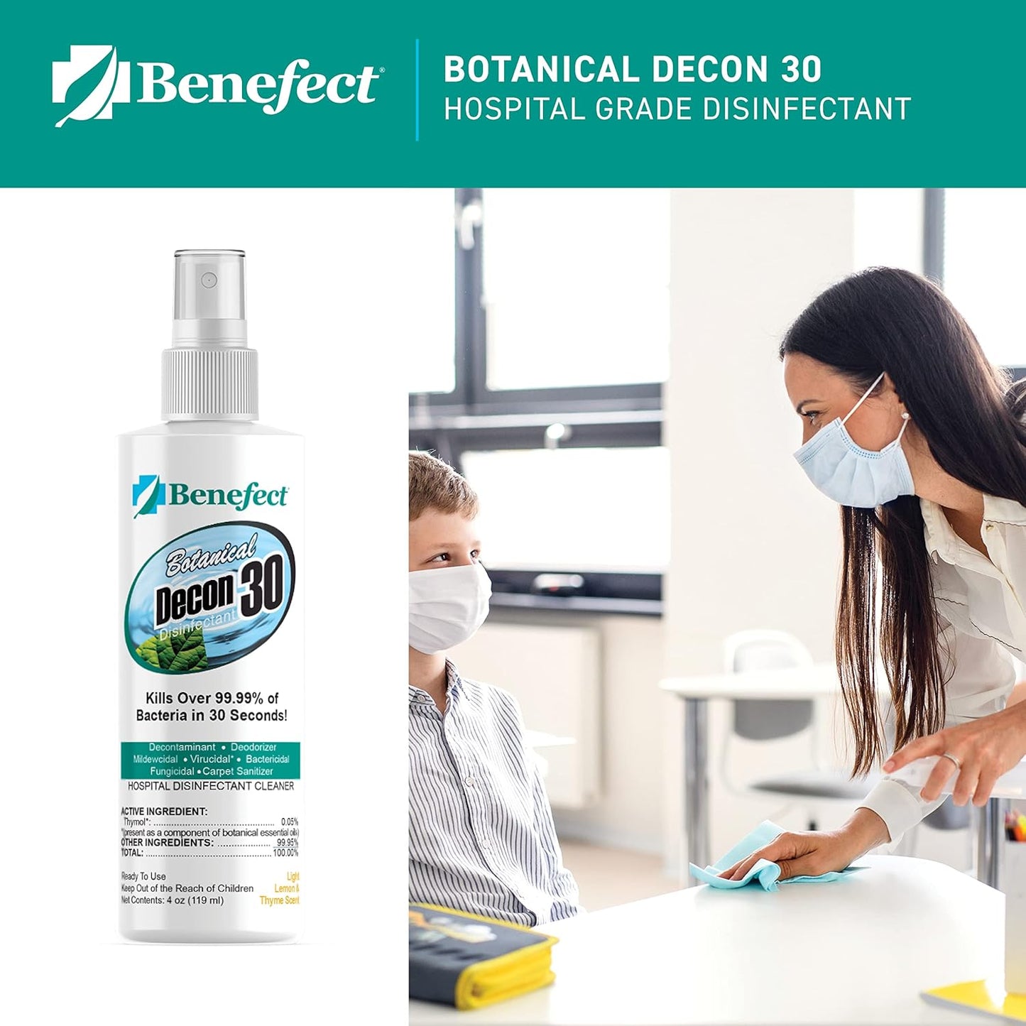 Benefect Botanical Decon 30 Disinfectant Cleaner, 4 oz. Spray Bottle, Light Lemon & Thyme Scent