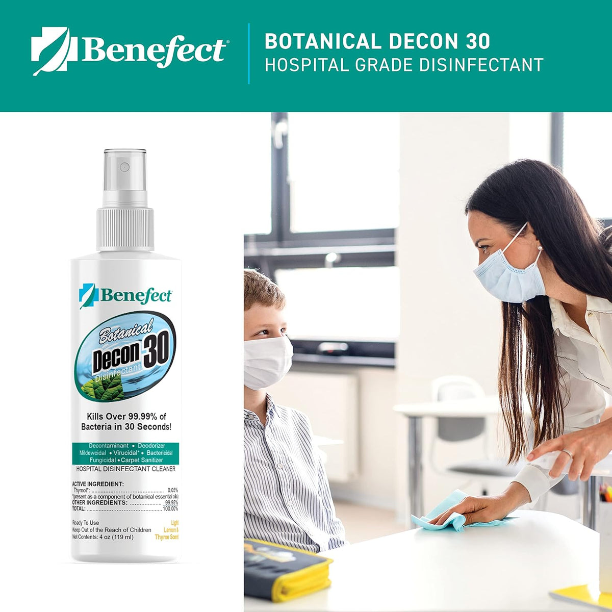 Benefect Botanical Decon 30 Disinfectant Cleaner, 4 oz. Spray Bottle, Light Lemon & Thyme Scent
