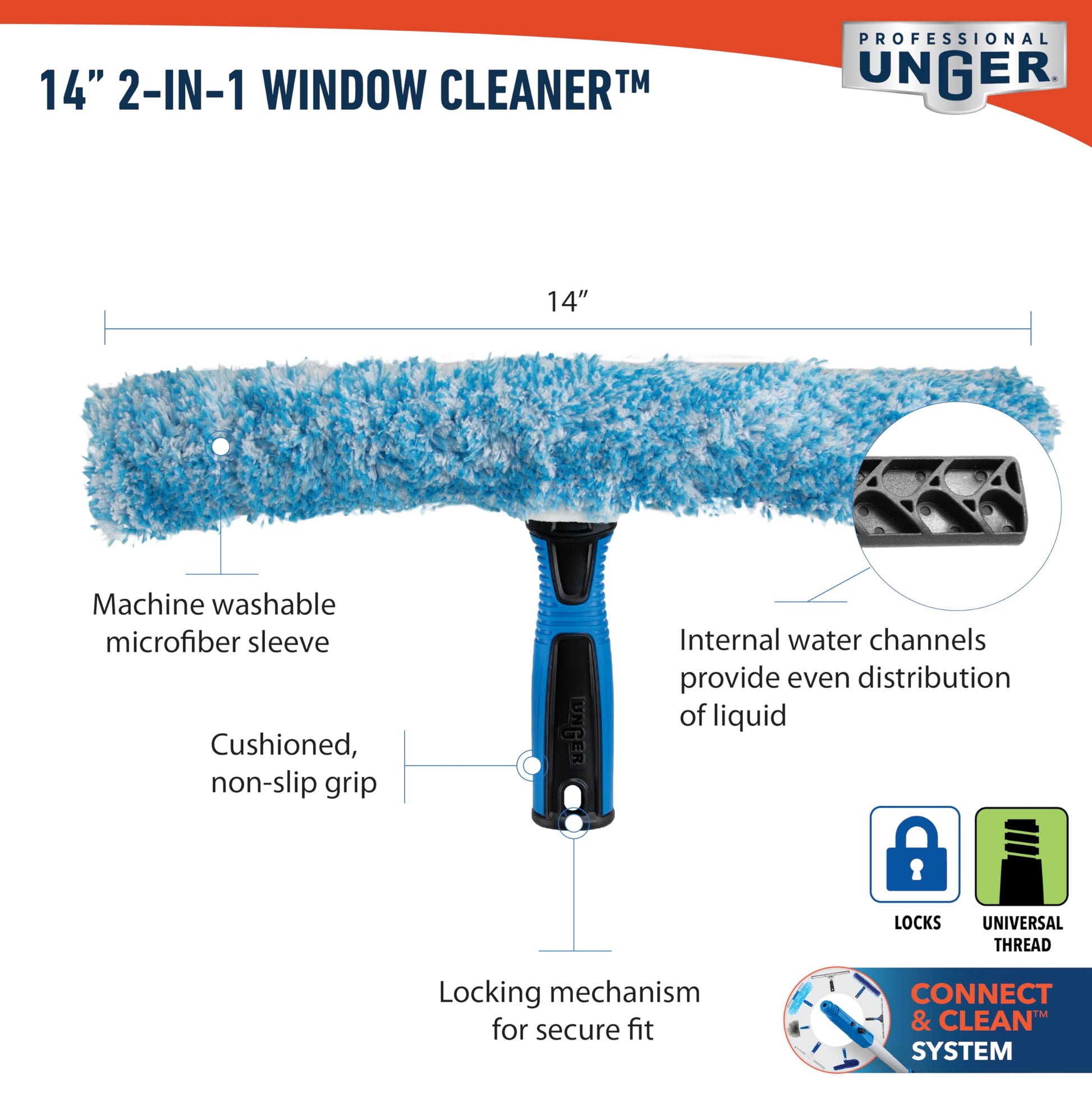 Unger Professional Connect and Clean 2-in-1 Squeegee and Scrubber, 14” Window Cleaning Tool