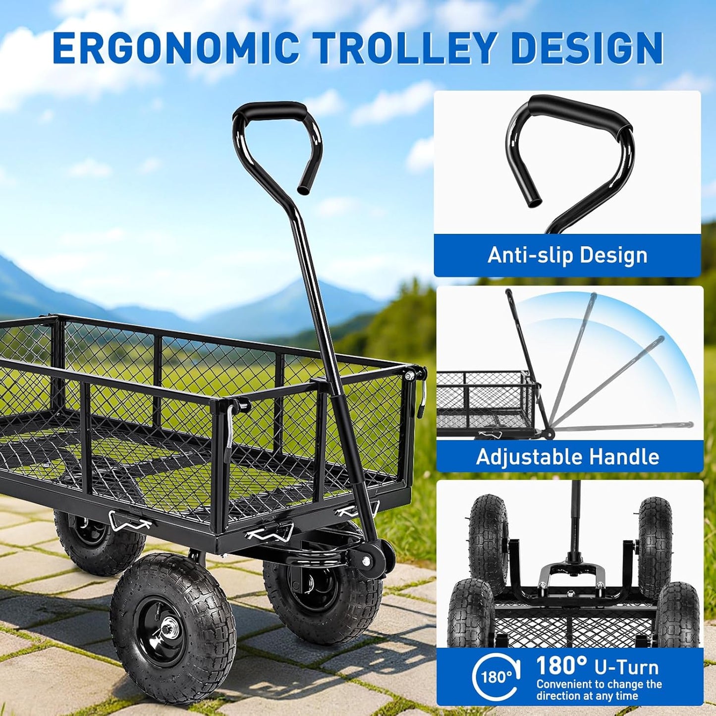 Yesker Steel Garden Carts - 800lbs Dump Wagon with All Terrain Inflatable Wheels for Yard Lawn