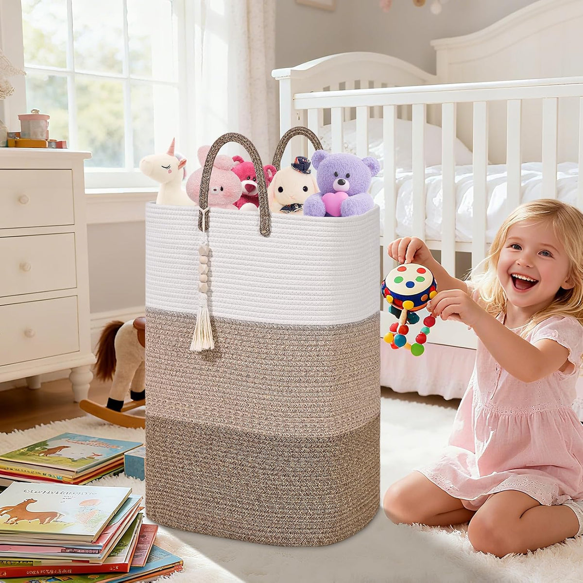 Woven Laundry Basket for Clothes,65 L Large Rectangle Laundry Hampers with Beads Tassel, Nursery
