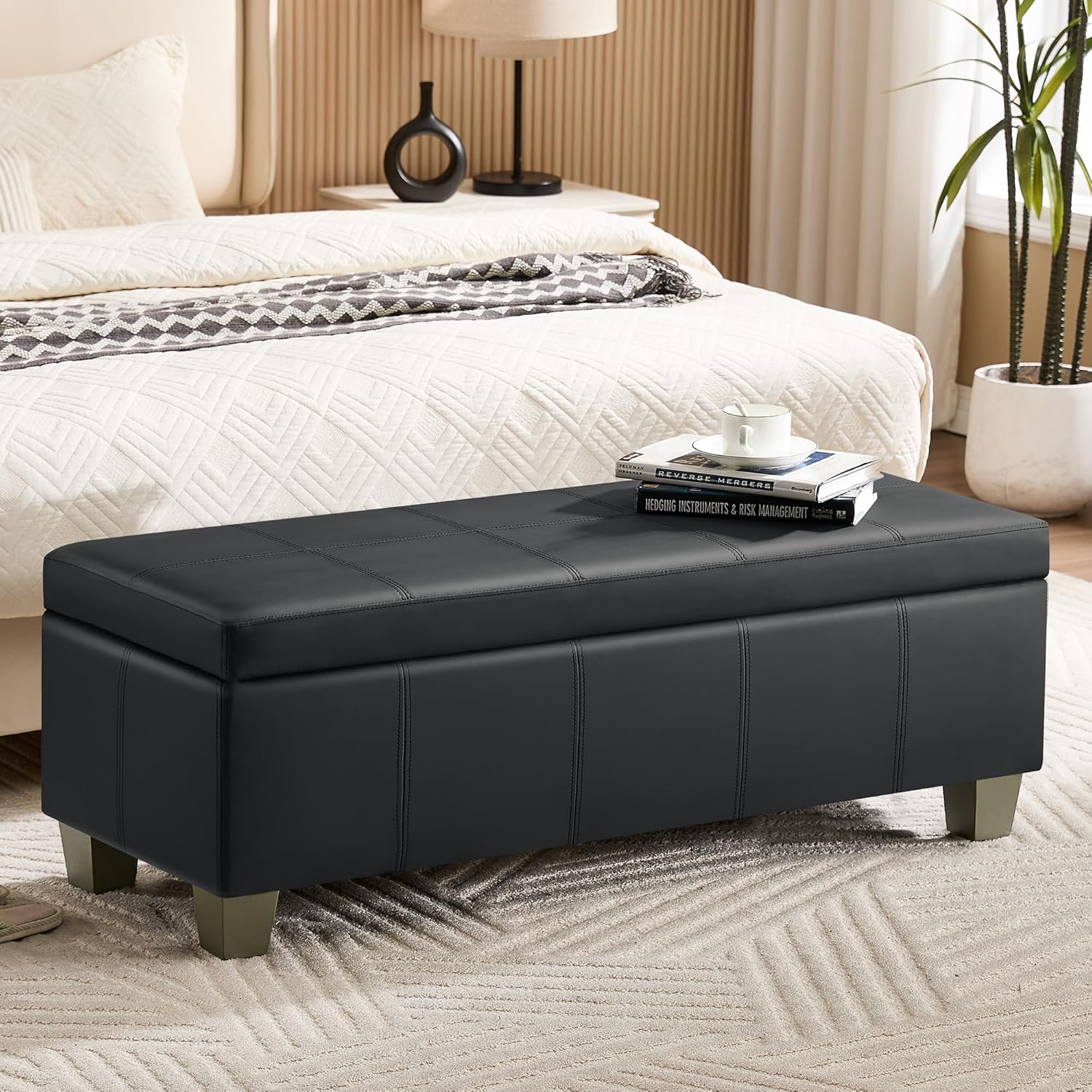 51" Faux Leather Storage Ottoman, Stitch Tufted Rectangle Upholstered End of Bed Storage Bench