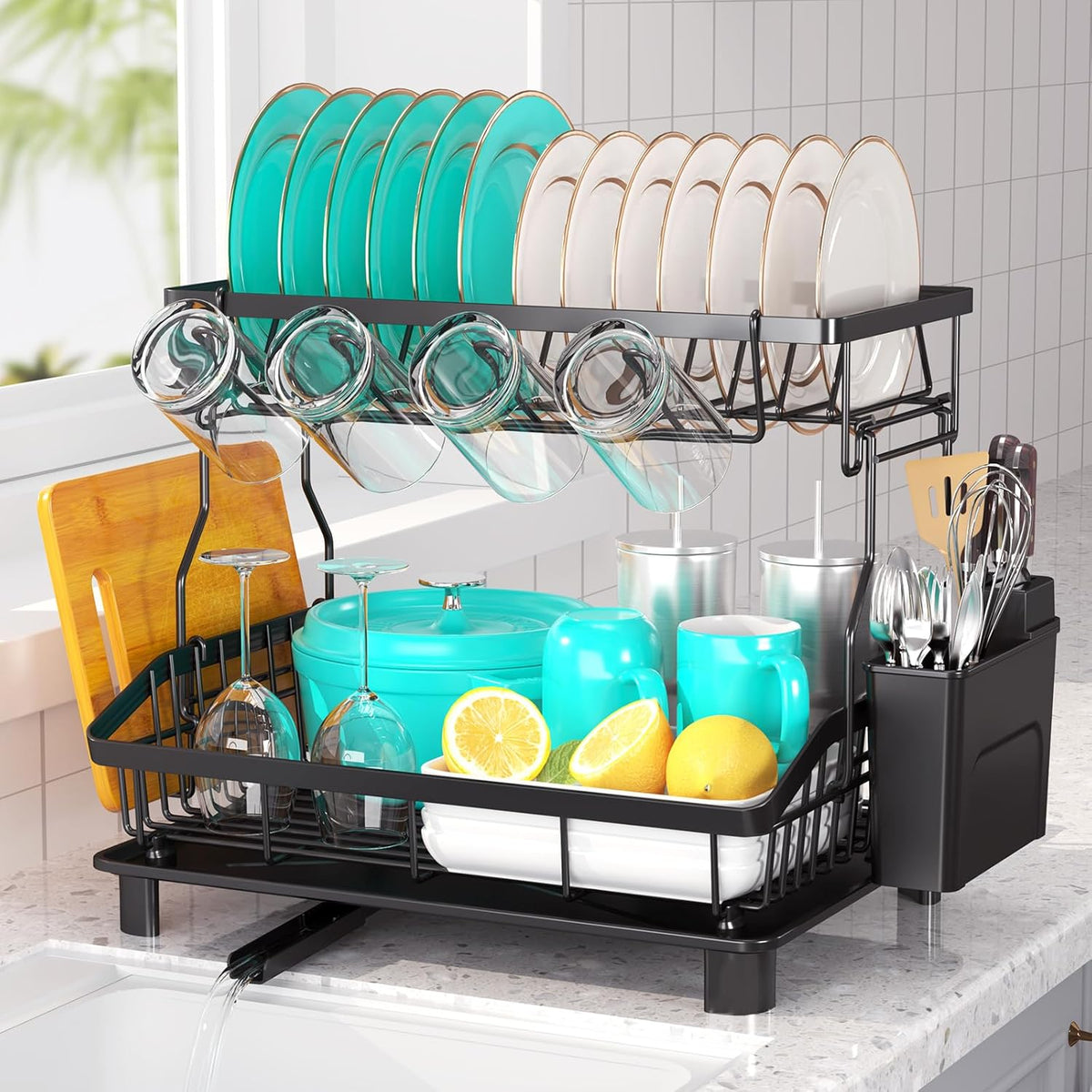 Dish Drying Rack - 2 Tier Large Capacity Dish Rack- Dish Racks for Kitchen Counter with Drainboard