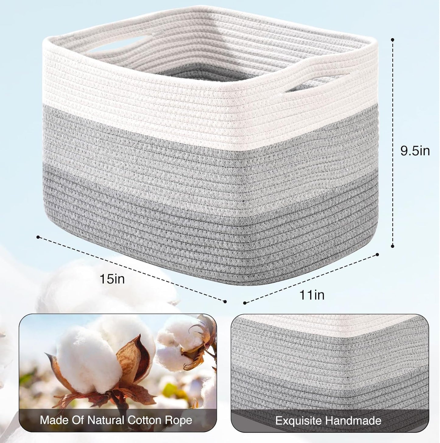 Storage Baskets for Organizing Shelves, Woven Cotton Rope Baskets for Storage Books Towels Toys
