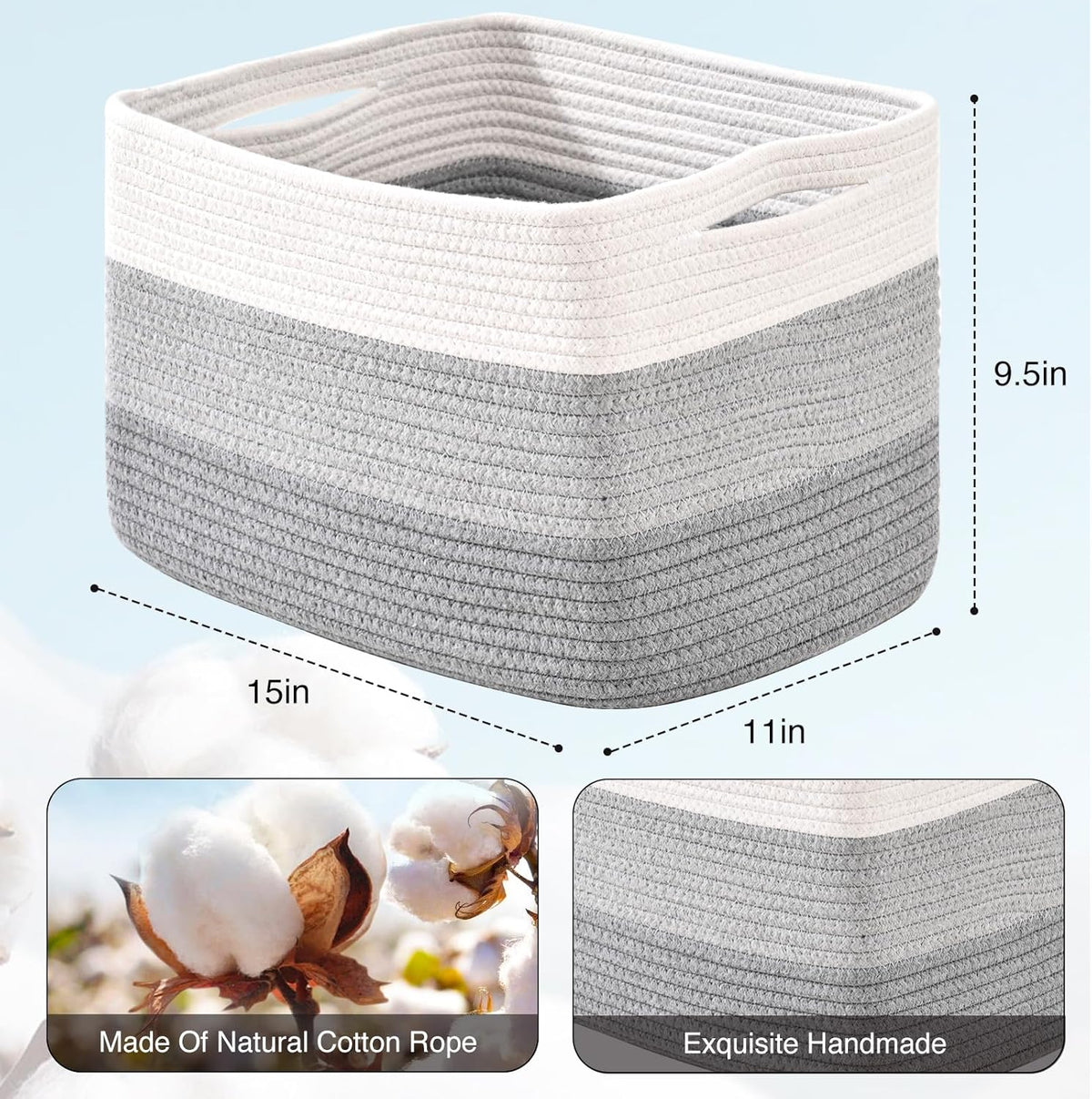 Storage Baskets for Organizing Shelves, Woven Cotton Rope Baskets for Storage Books Towels Toys