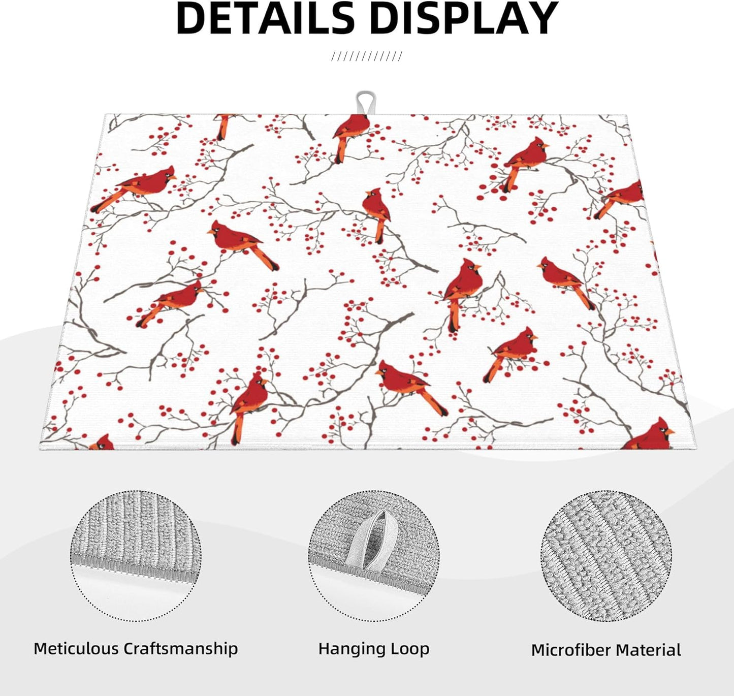 Cardinal Bird Red Berry Decor Microfiber Dish Drying Mat for Kitchen Counter Cute Dishes Pad Dish