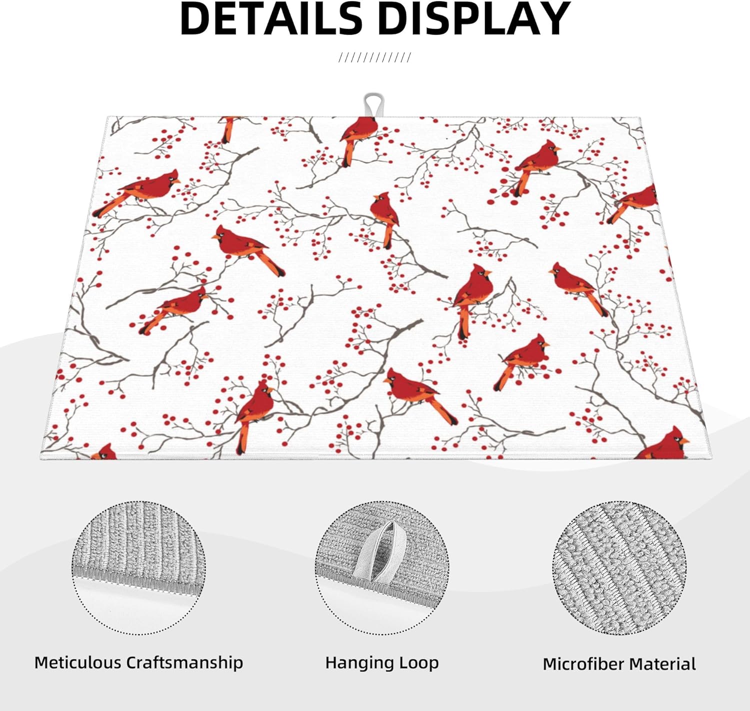 Cardinal Bird Red Berry Decor Microfiber Dish Drying Mat for Kitchen Counter Cute Dishes Pad Dish