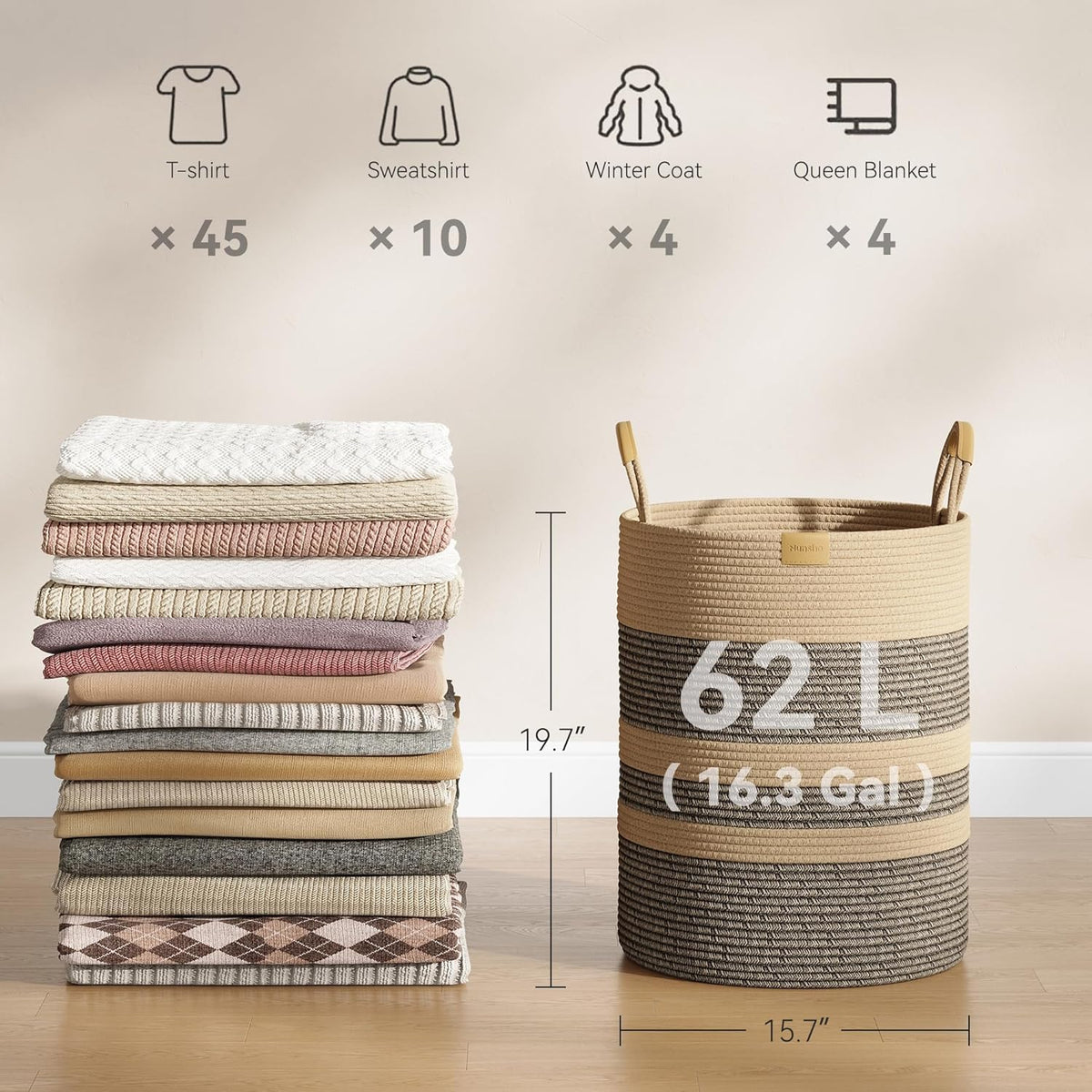 62L Striped Laundry Hamper with Leather Handles,Large Foldable Laundry Basket for Clothes,Cotton