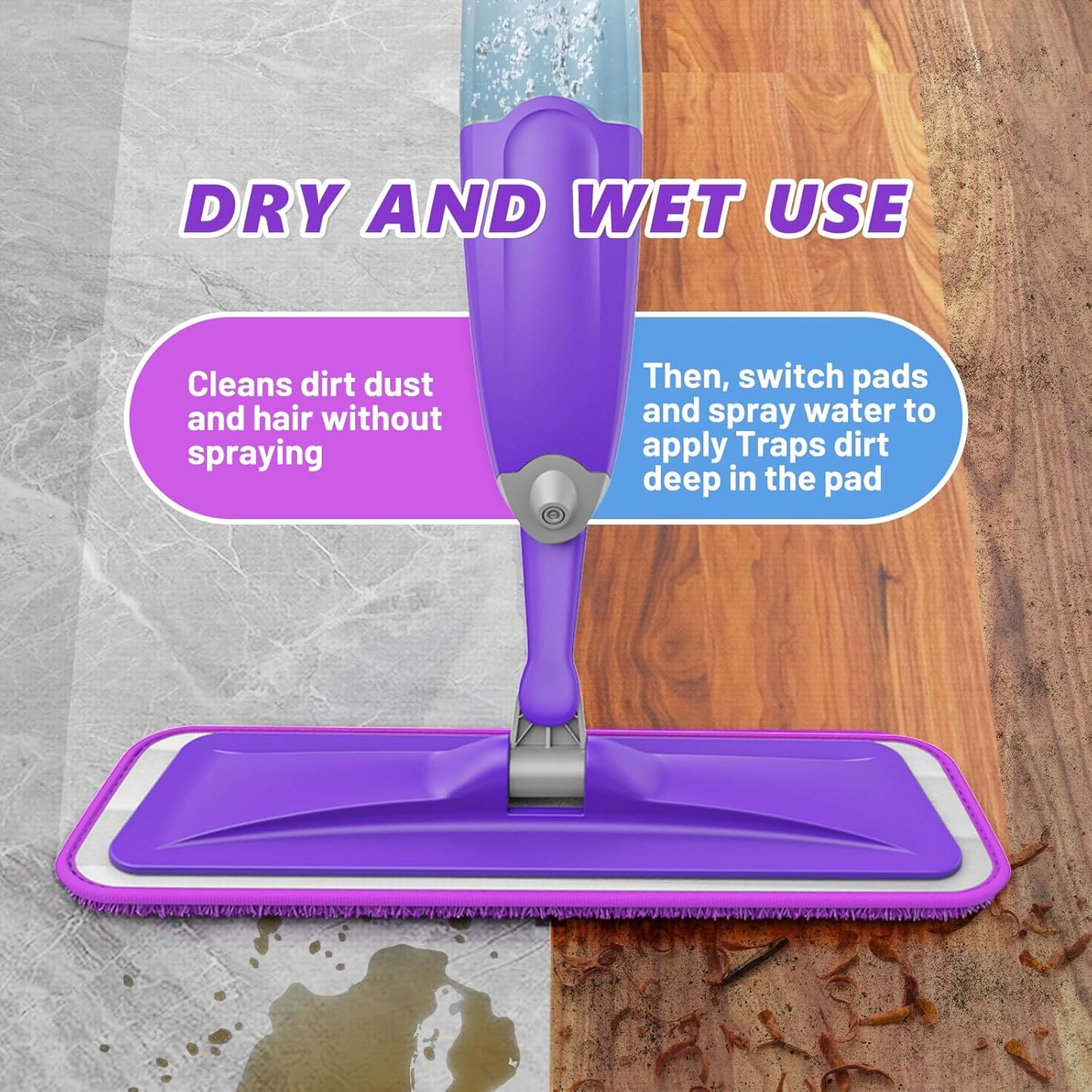 HOMTOYOU Spray Mops for Floor Cleaning: Wet Mop for Hardwood Tile Wood Laminate Vinyl - 3 Washable