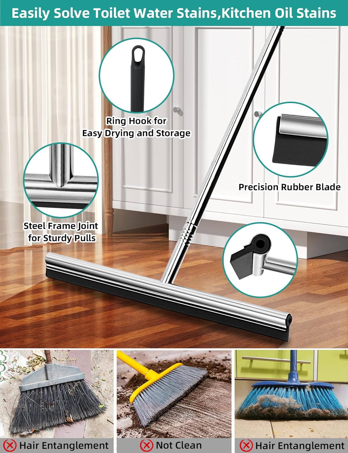 Floor Squeegee Scrubber 59inch Long Stainless Steel Handle with 15inch Wide Silicon Rubber Blade