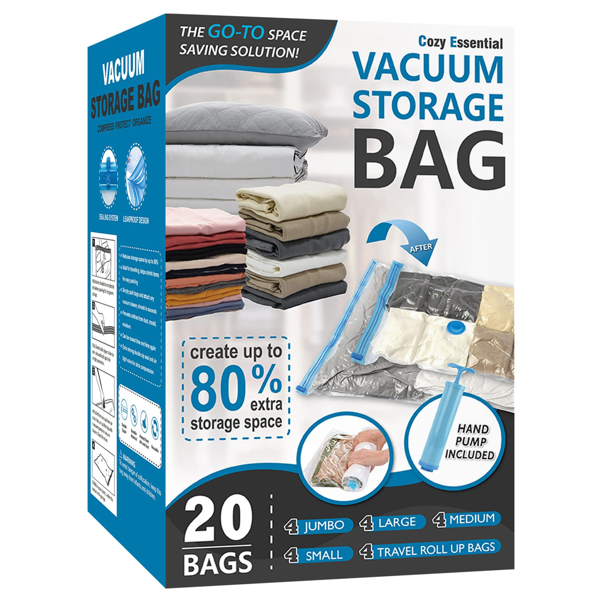 Cozy Essential Vacuum Storage Bags, 80% Compression Vacuum Seal Space Saver Plastic Packaging Bags