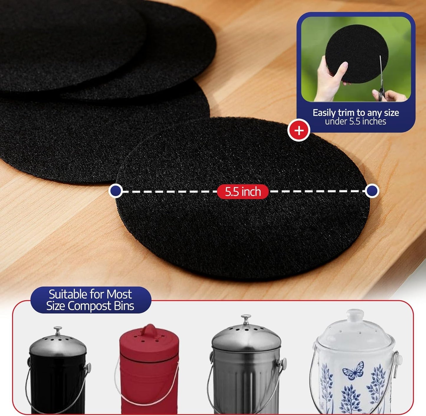 BioStrike Activated Carbon Filter Discs for Kitchen Compost Bin - Odor-Absorbing Charcoal for