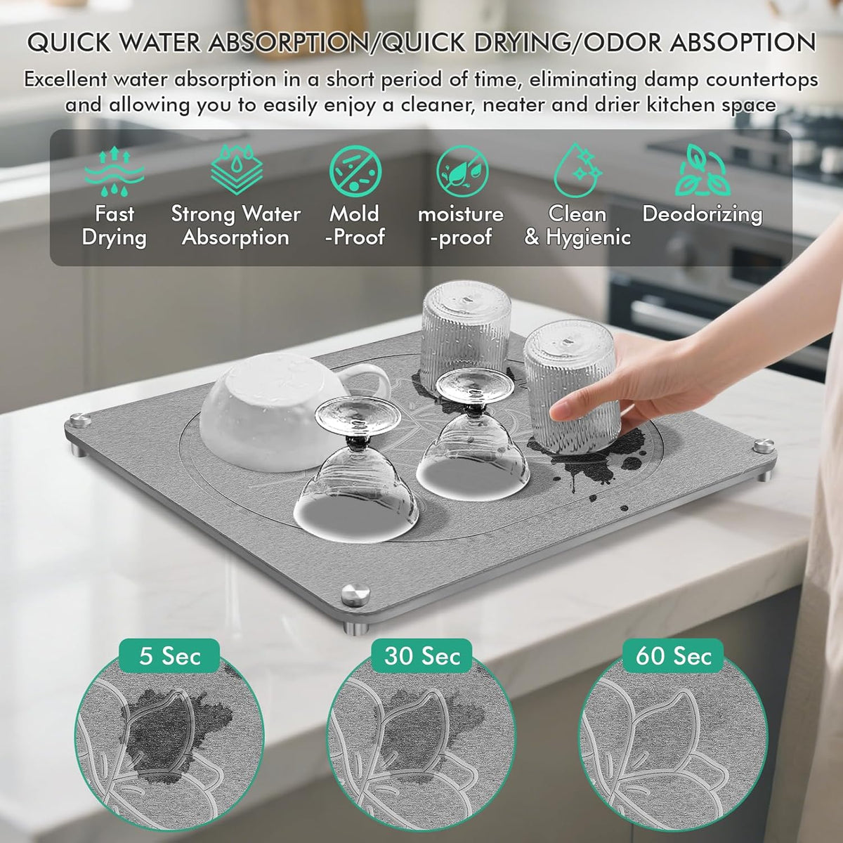 Stone Drying Mat For Kitchen Counter Superb Absorbent Diatomaceous Earth Mats with Non-Slip Feet