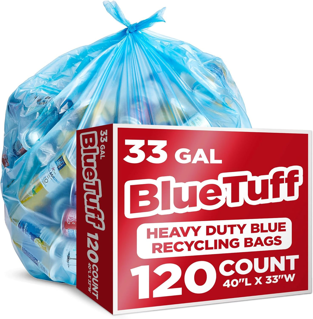 Heavy-Duty Blue Recycling Bags, 120-Pack Blue Garbage Bags For Recycling | 33-Gallon Capacity|