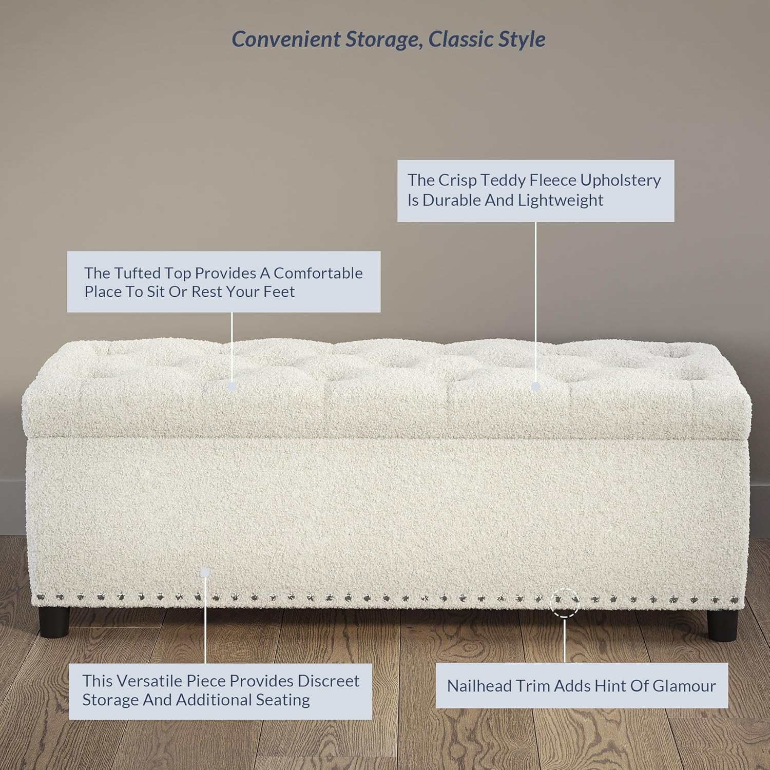 BELLEZE 47" Storage Ottoman, Storage Bench with Safety Close Hinge, Linen Button-Tufted Ottoman for